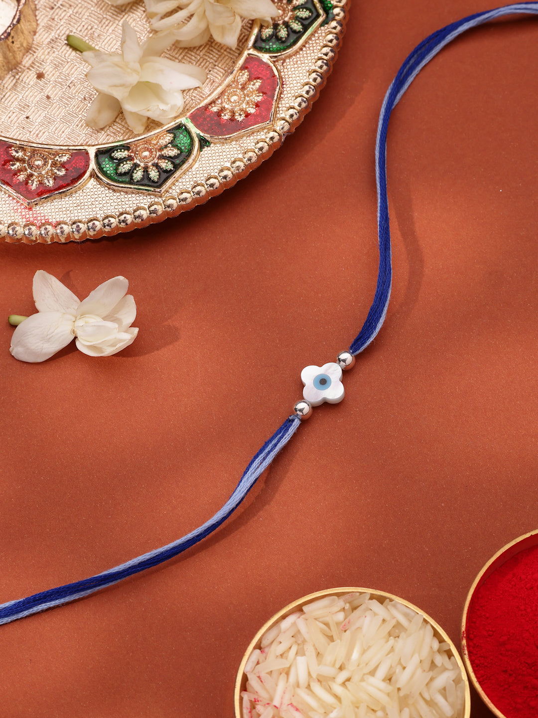 925 Sterling Silver Evil Eye Clover Blue Thread Rakhi