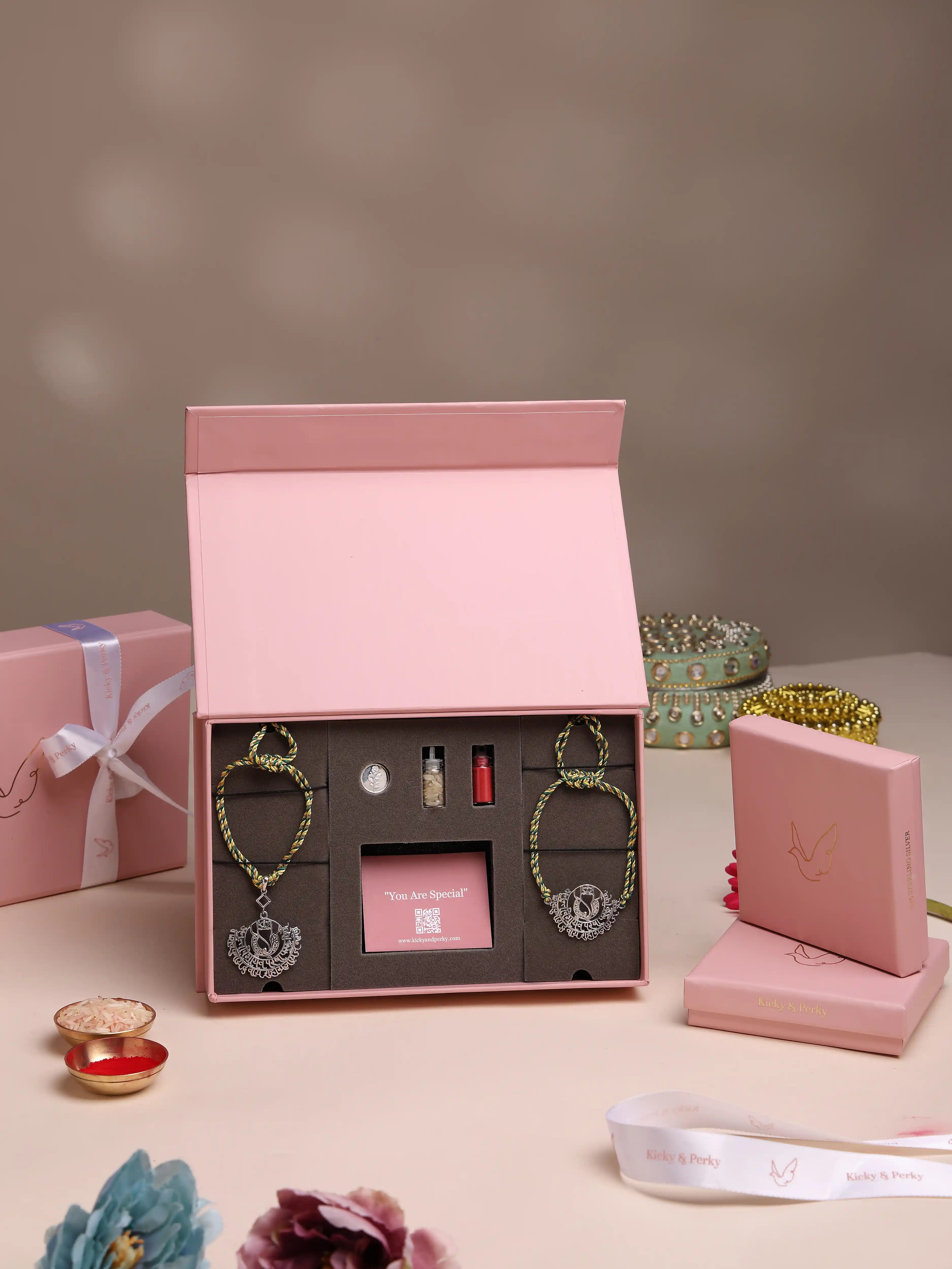 925 Sterling Silver Divine Ganesha Bhaiya Bhabhi Rakhi & Lumba Combo Gift Set with Pure Silver Coin & Roli Chawal Vials