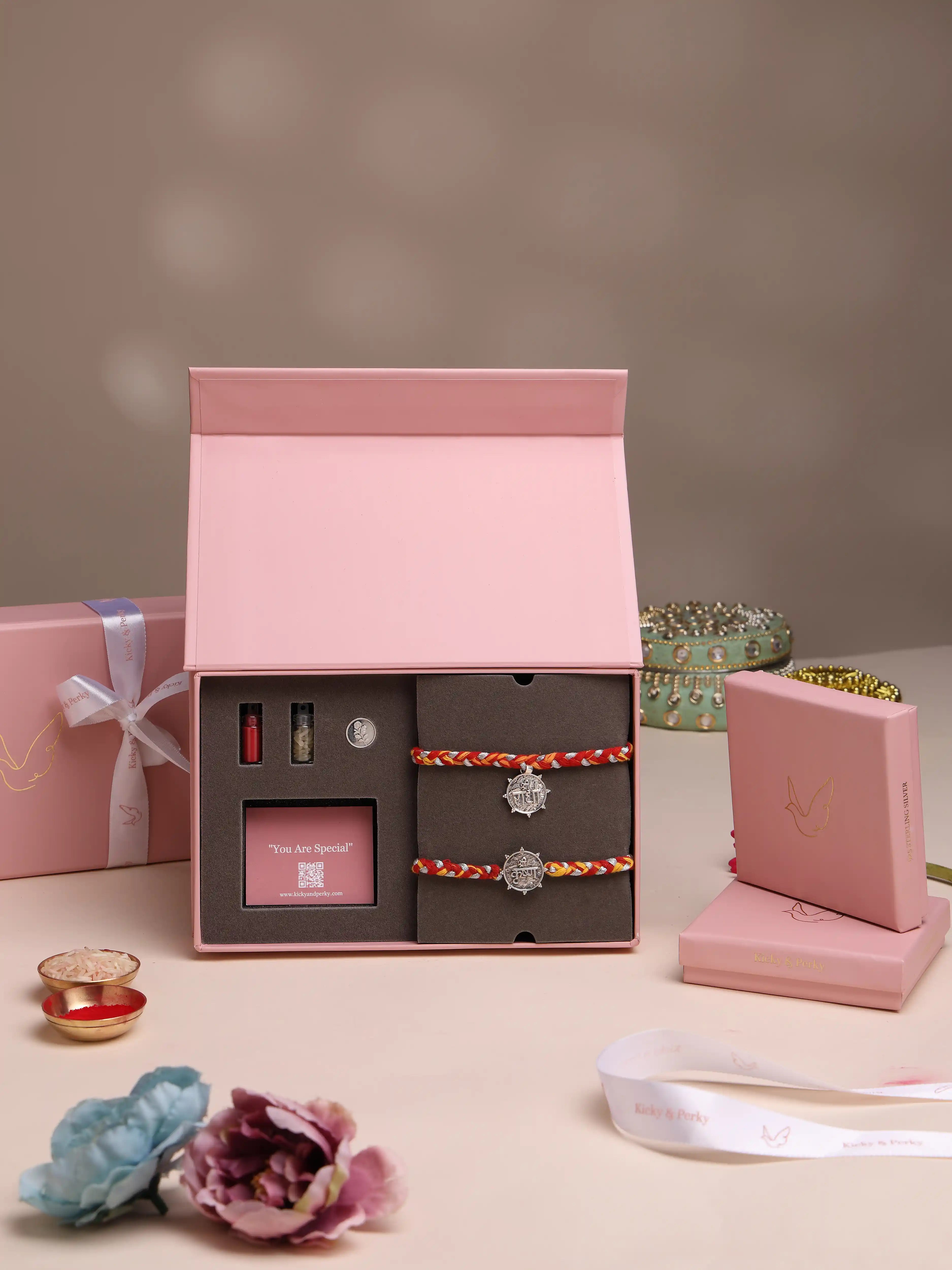 925 Sterling Silver Radha Krishna Bhaiya Bhabhi Rakhi Gift Set with Silver Coin & Roli Chawal