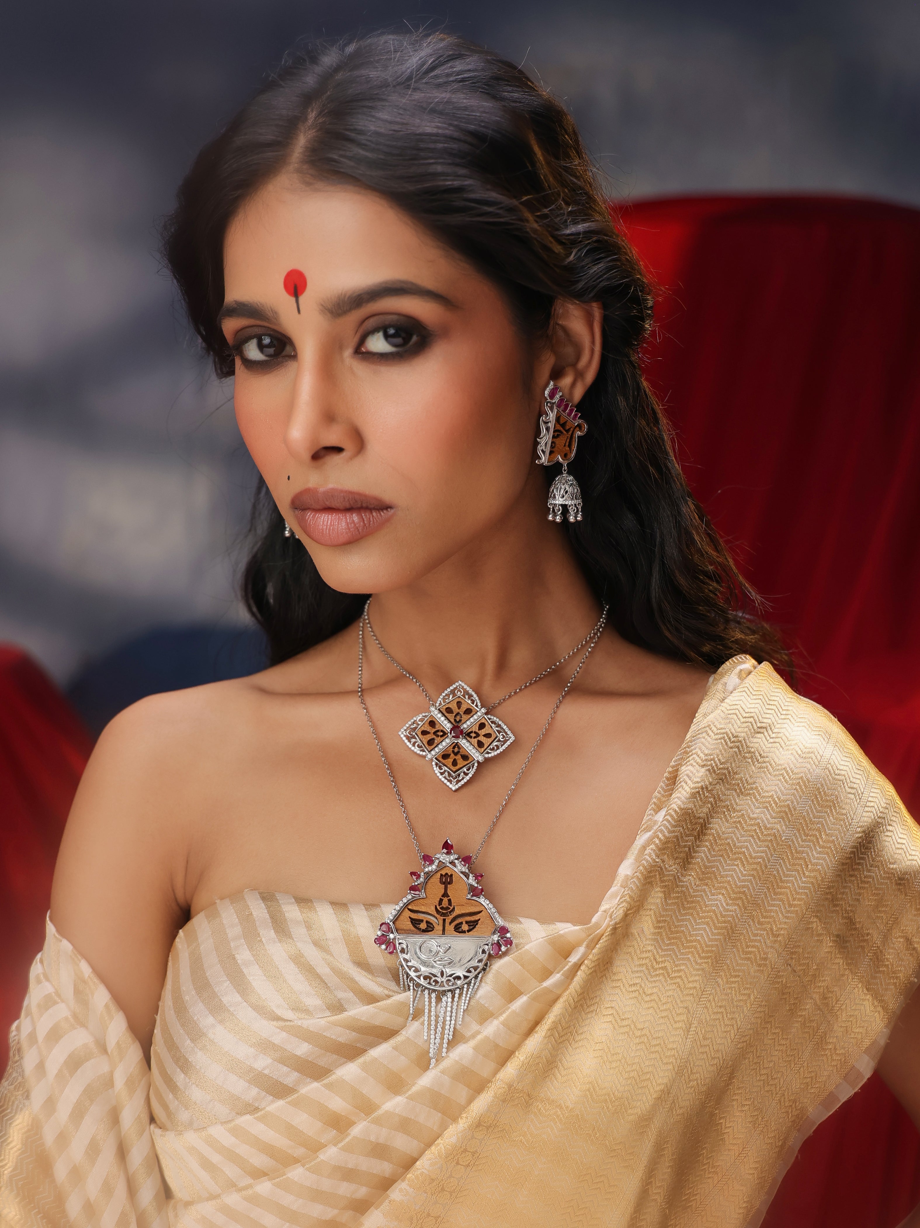 925 Silver Tassle Durga Necklace with Rubies