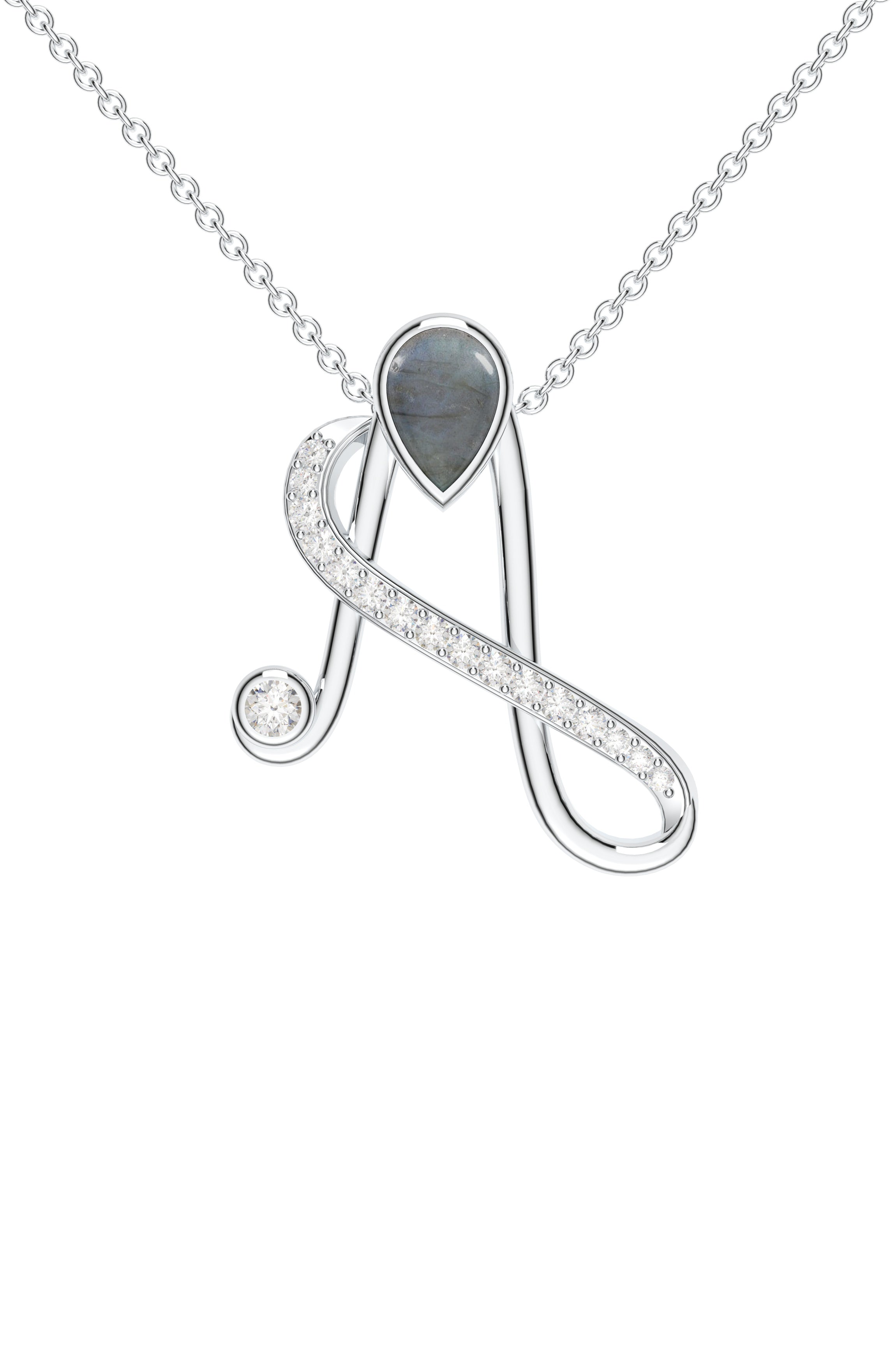 Signery ‘A’ Initial Pendant – Labradorite Moissanite & Rhodium Plated