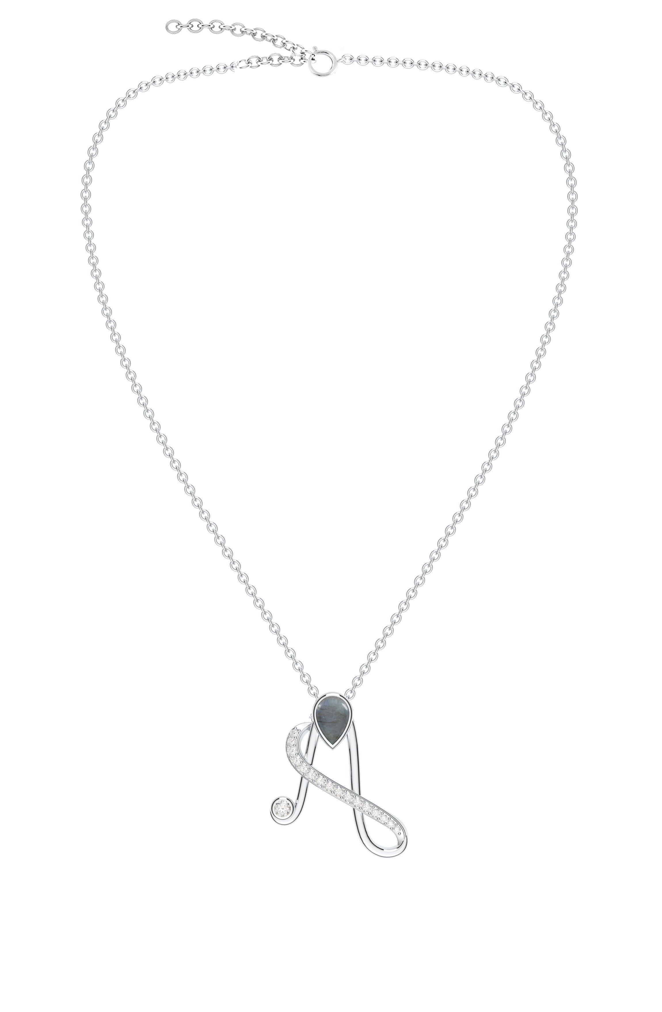 ‘A’ Initial Pendant – Labradorite Moissanite in 925 Sterling Silver