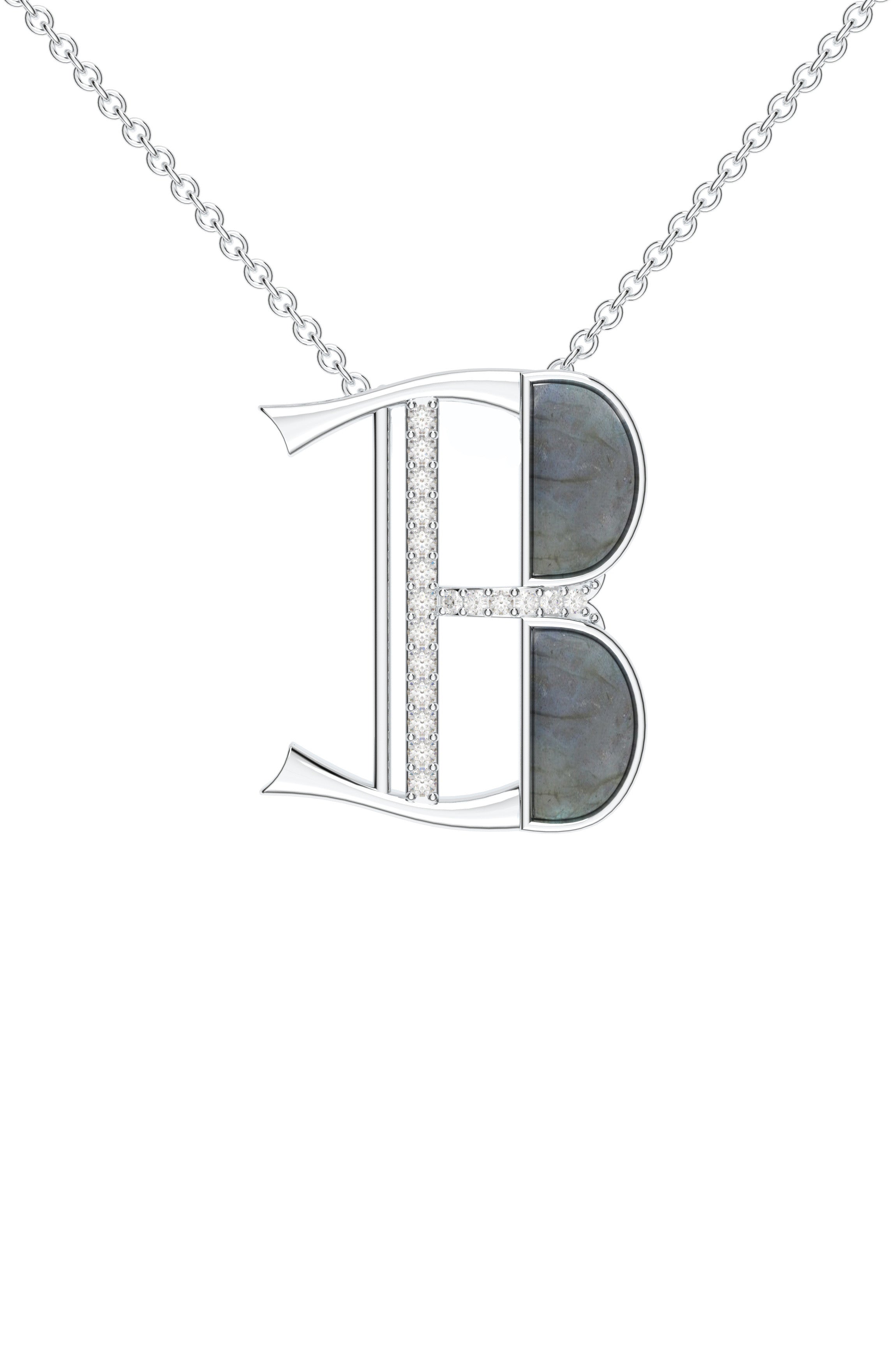 Signery ‘B’ Initial Pendant – Labradorite Moissanite & Rhodium Plated