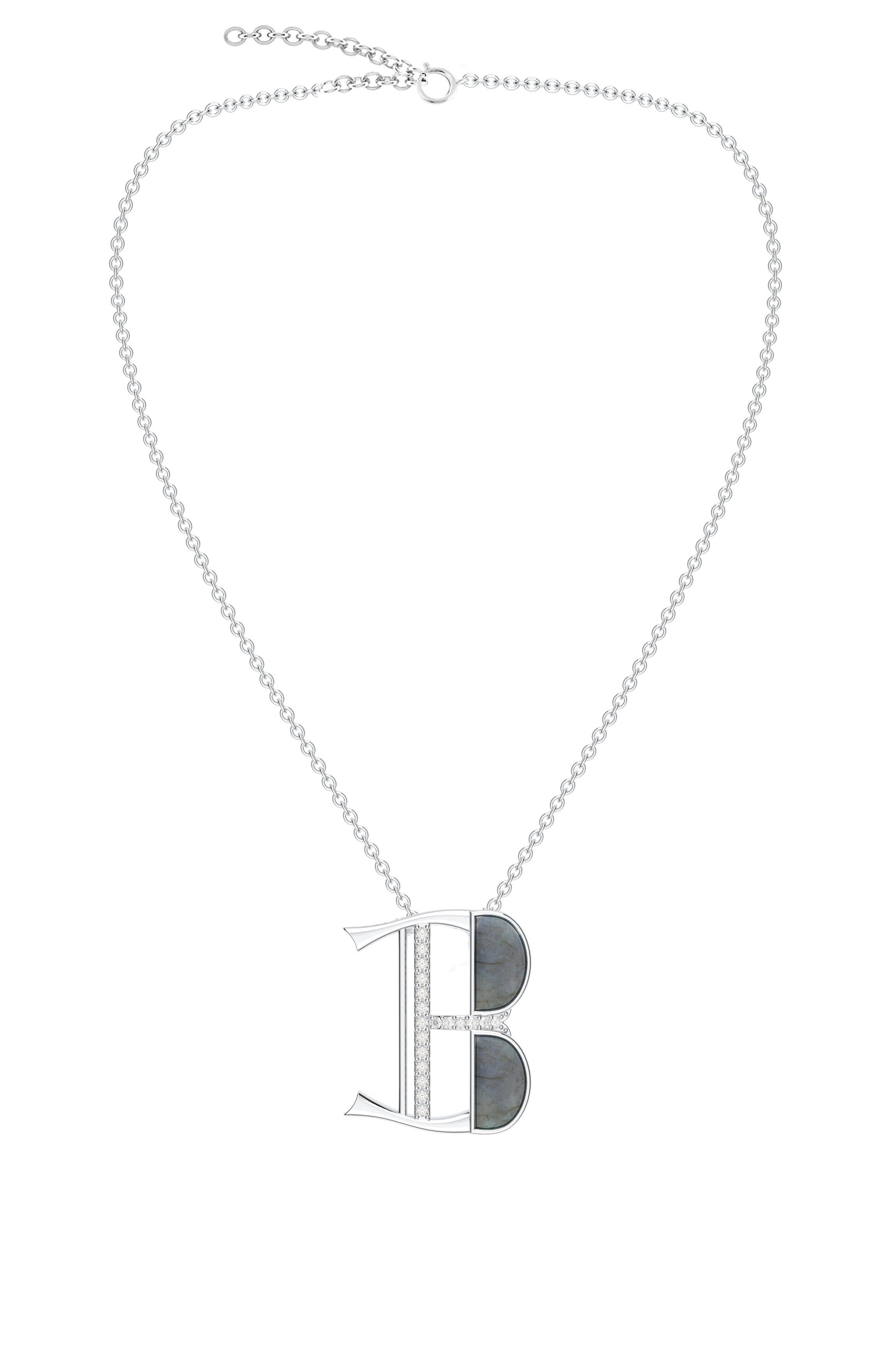 ‘B’ Initial Pendant – Labradorite Moissanite in 925 Sterling Silver