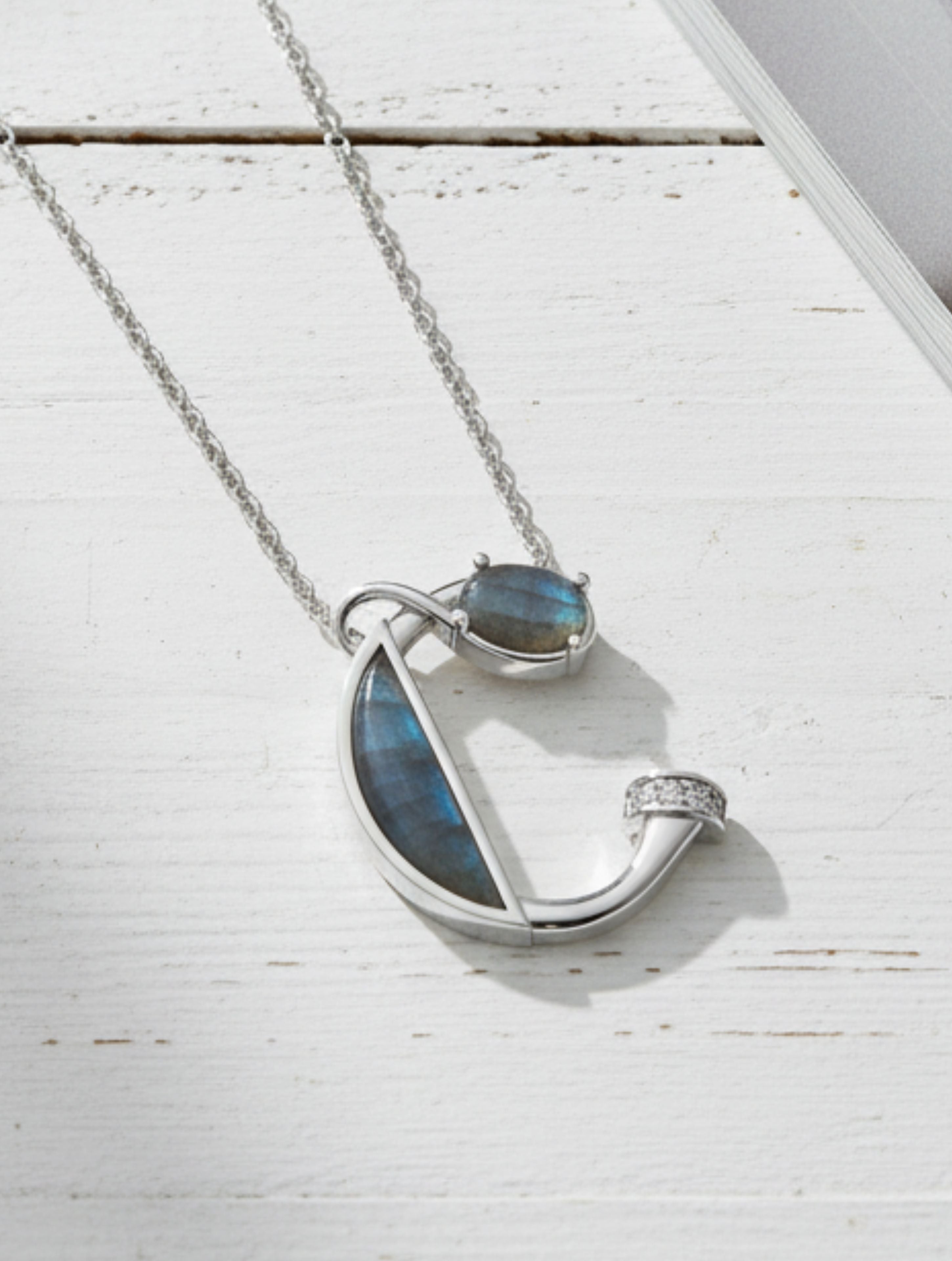 Signery ‘C’ Initial Pendant – Labradorite Moissanite & Rhodium Plated