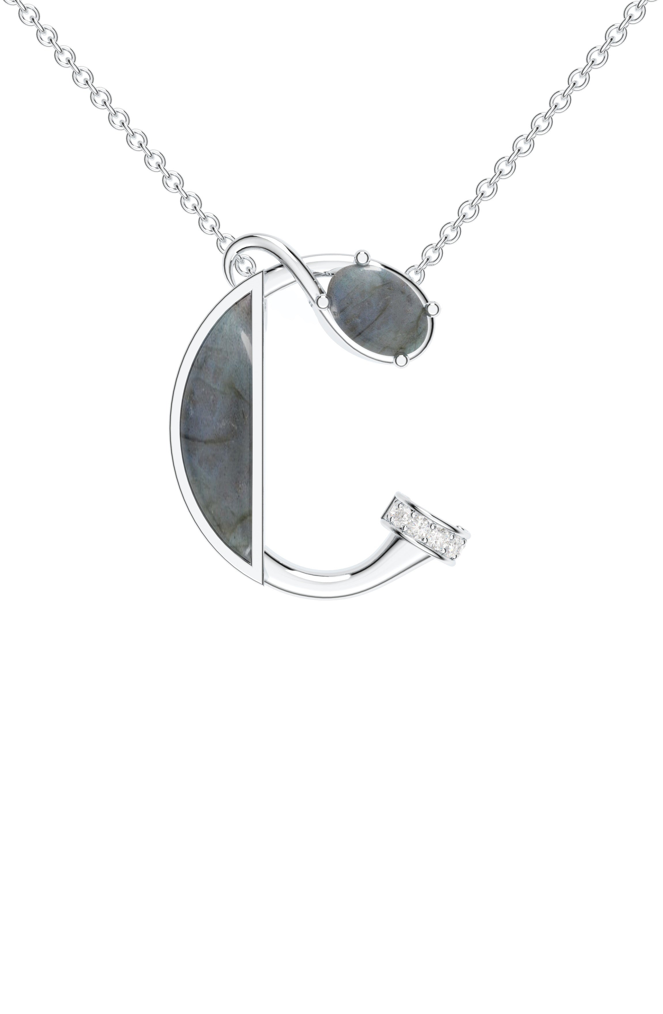 Signery ‘C’ Initial Pendant – Labradorite Moissanite & Rhodium Plated