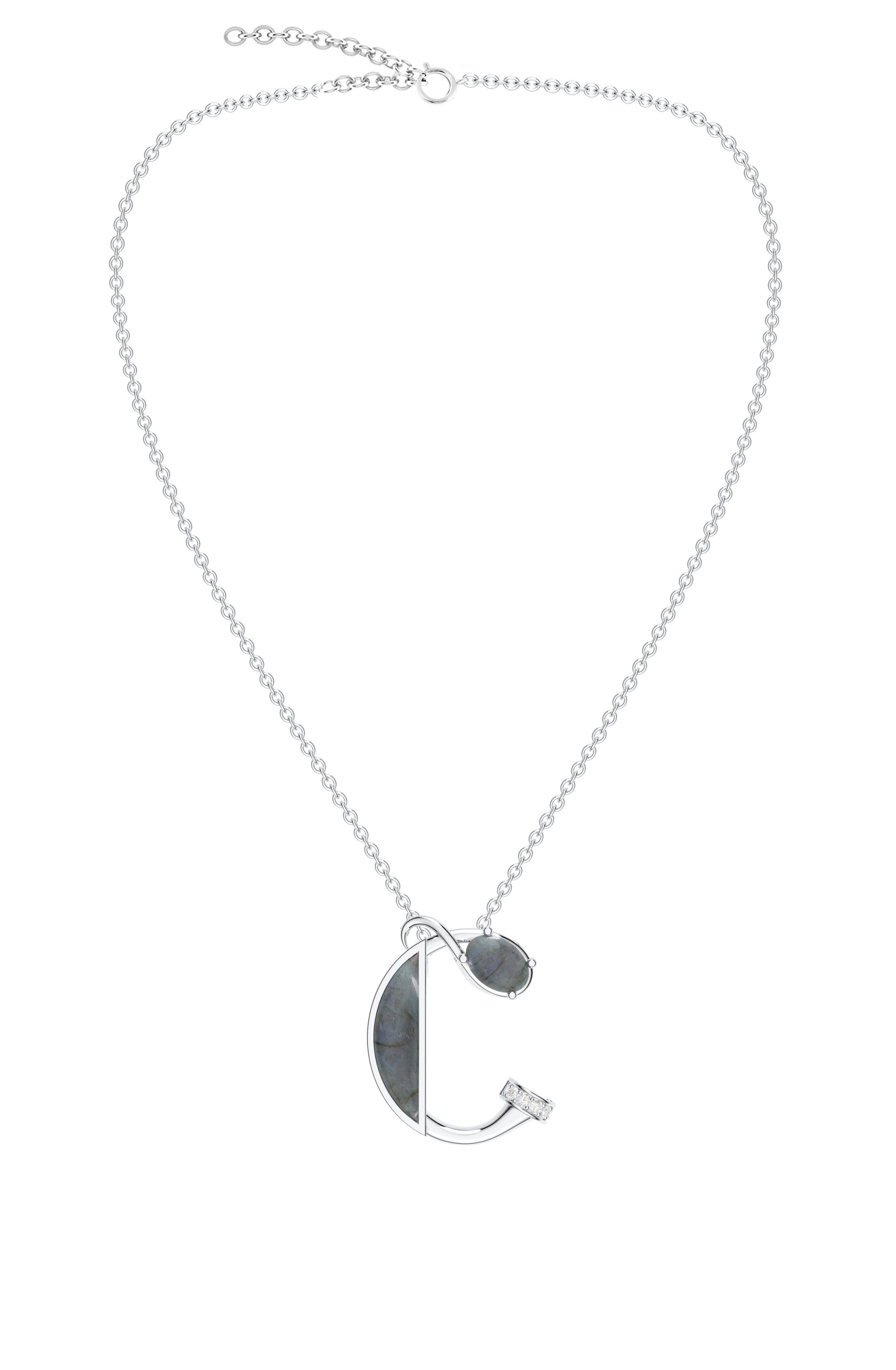 Signery ‘C’ Initial Pendant – Labradorite Moissanite & Rhodium Plated