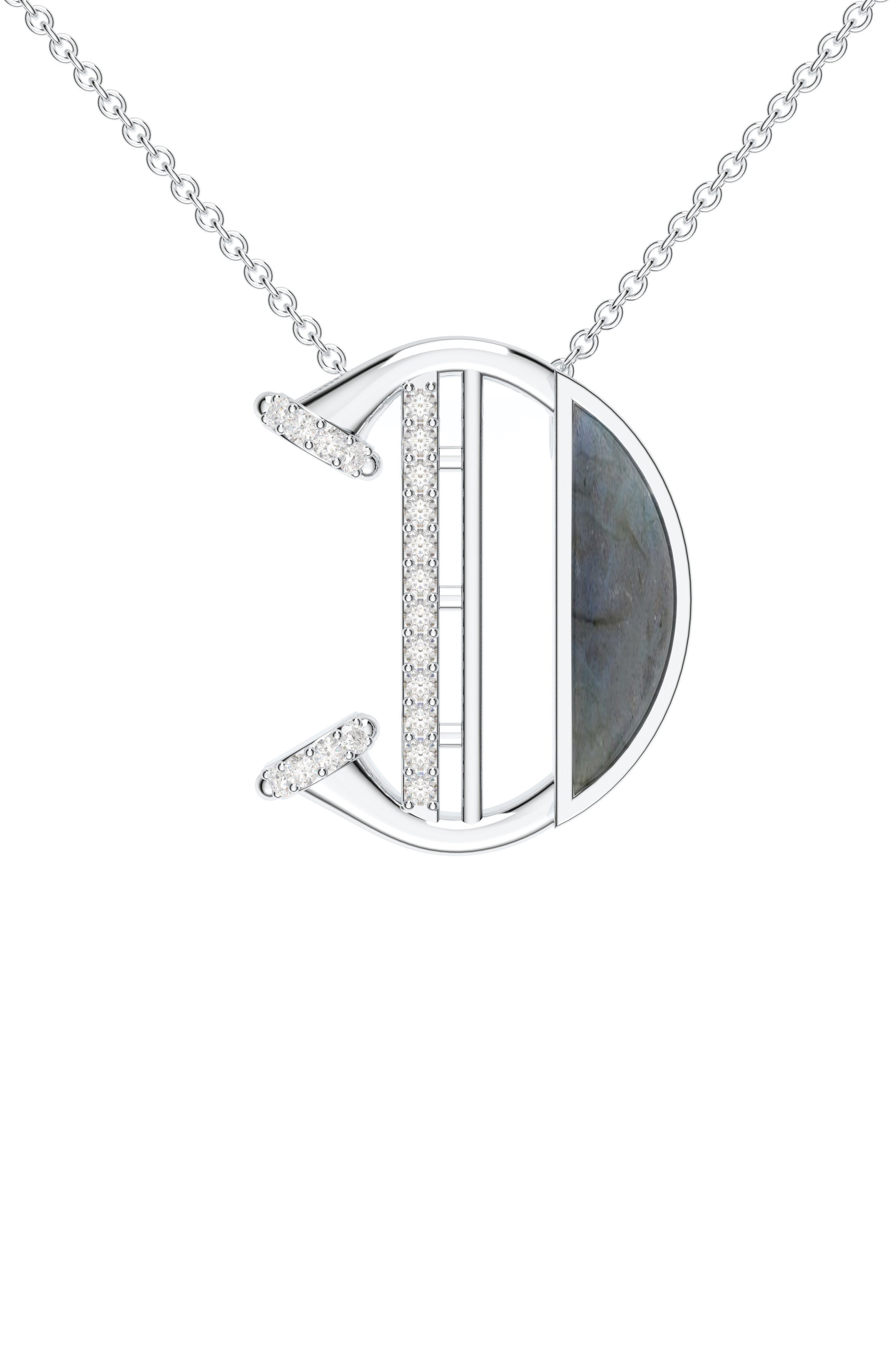 Signery ‘D’ Initial Pendant – Labradorite Moissanite & Rhodium Plated