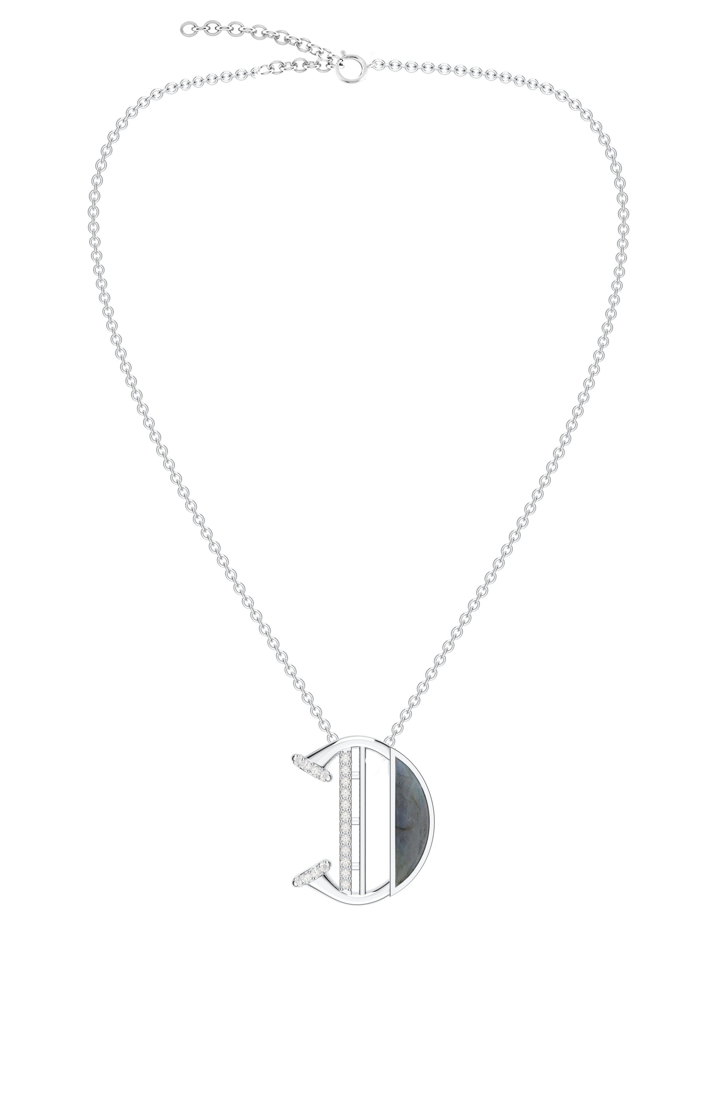 Signery ‘D’ Initial Pendant – Labradorite Moissanite & Rhodium Plated