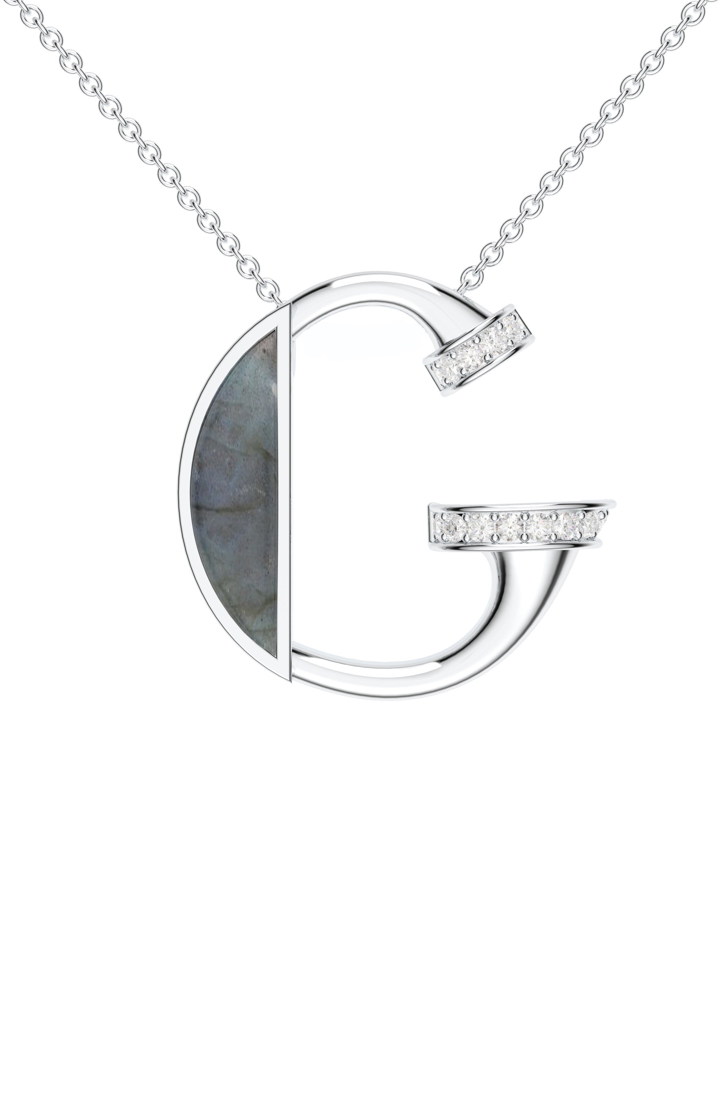 Signery ‘G Initial Pendant – Labradorite Moissanite & Rhodium Plated