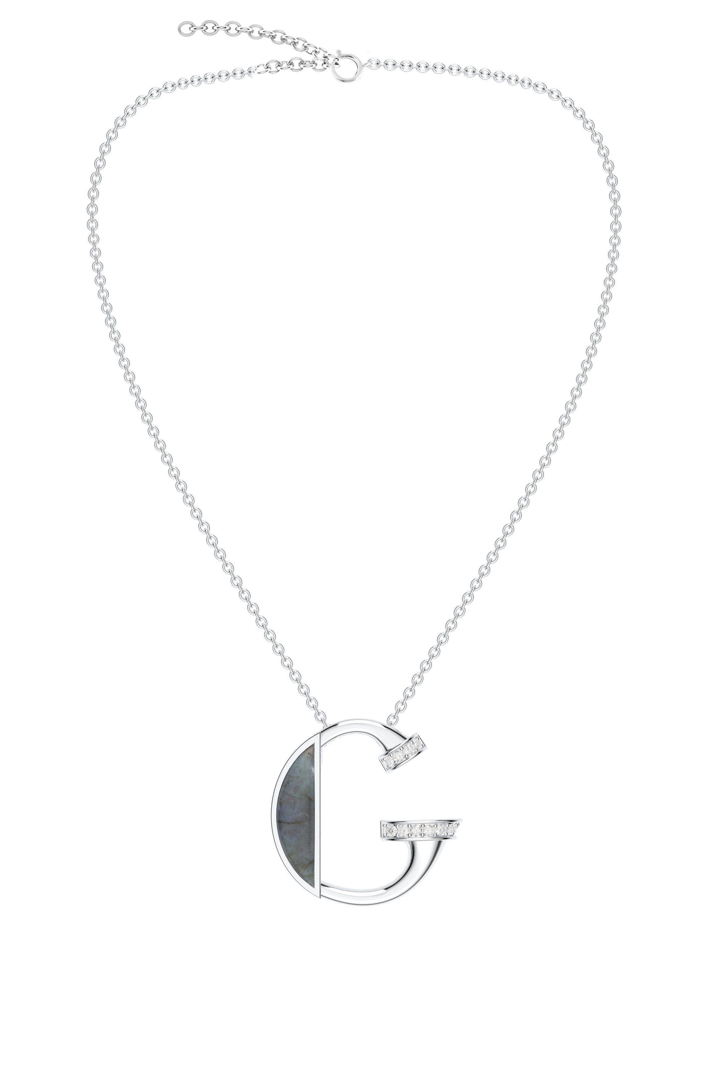 Signery ‘G Initial Pendant – Labradorite Moissanite & Rhodium Plated