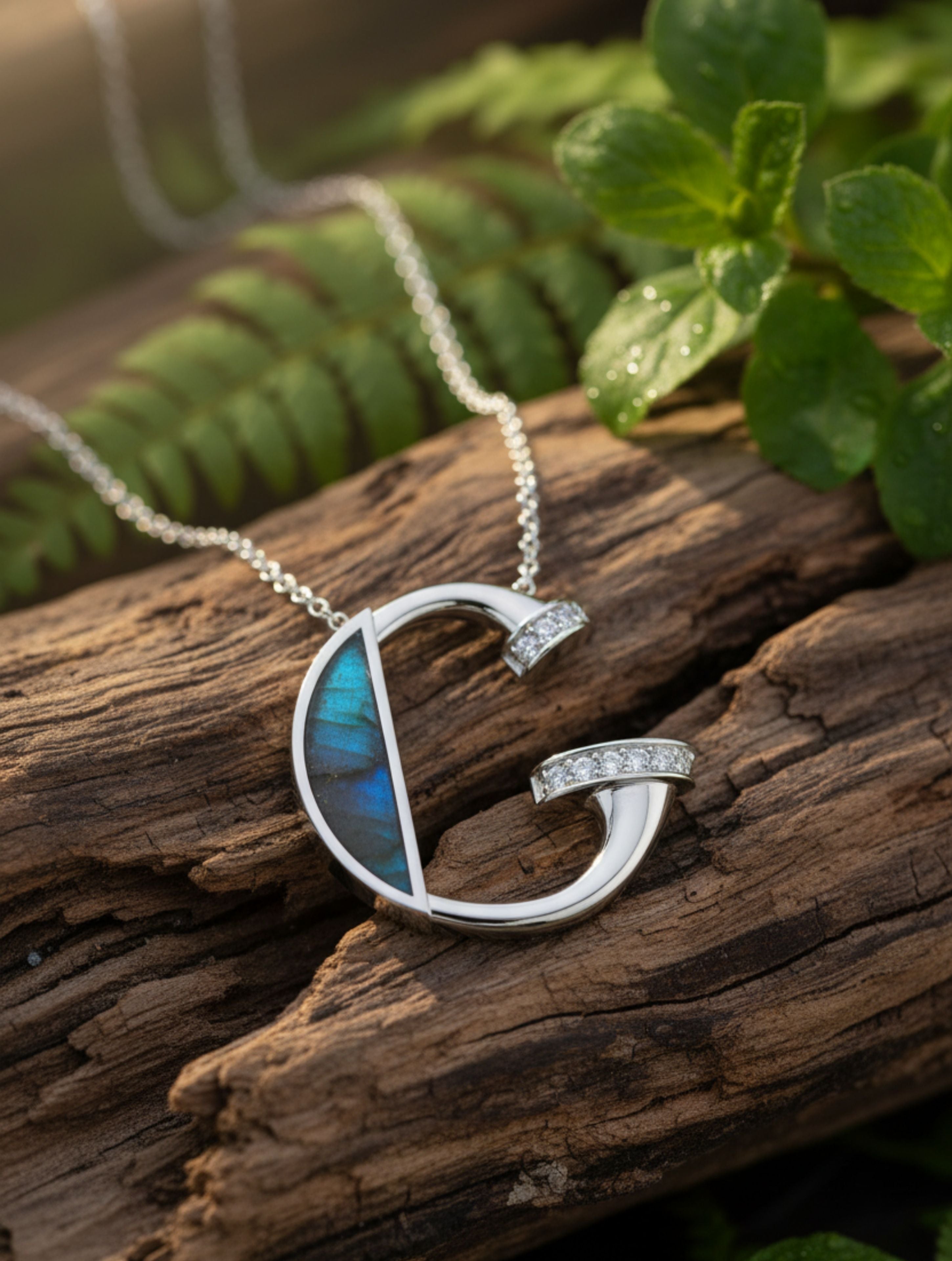 Signery ‘G Initial Pendant – Labradorite Moissanite & Rhodium Plated