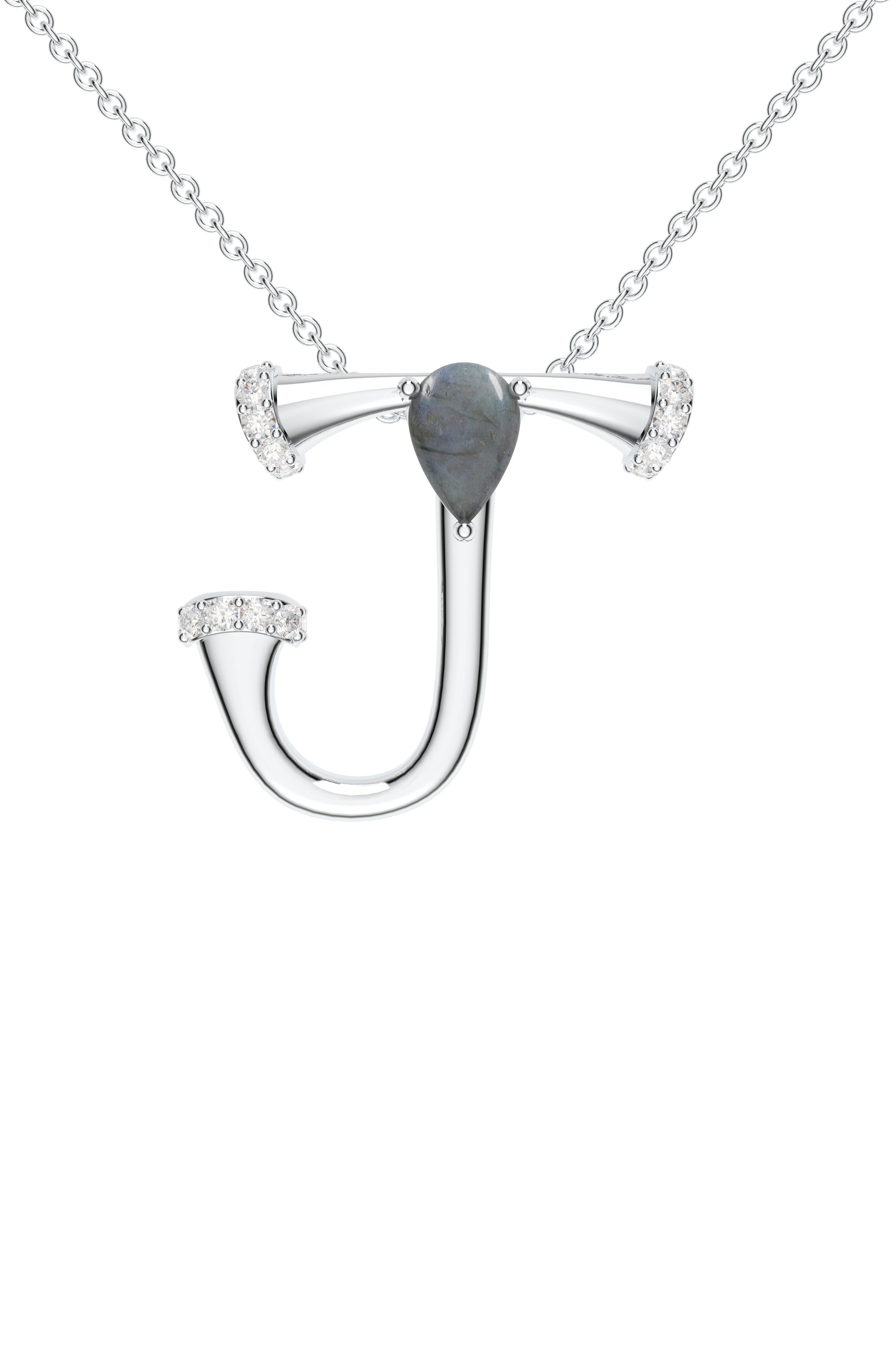 Signery ‘J’ Initial Pendant – Labradorite Moissanite & Rhodium Plated