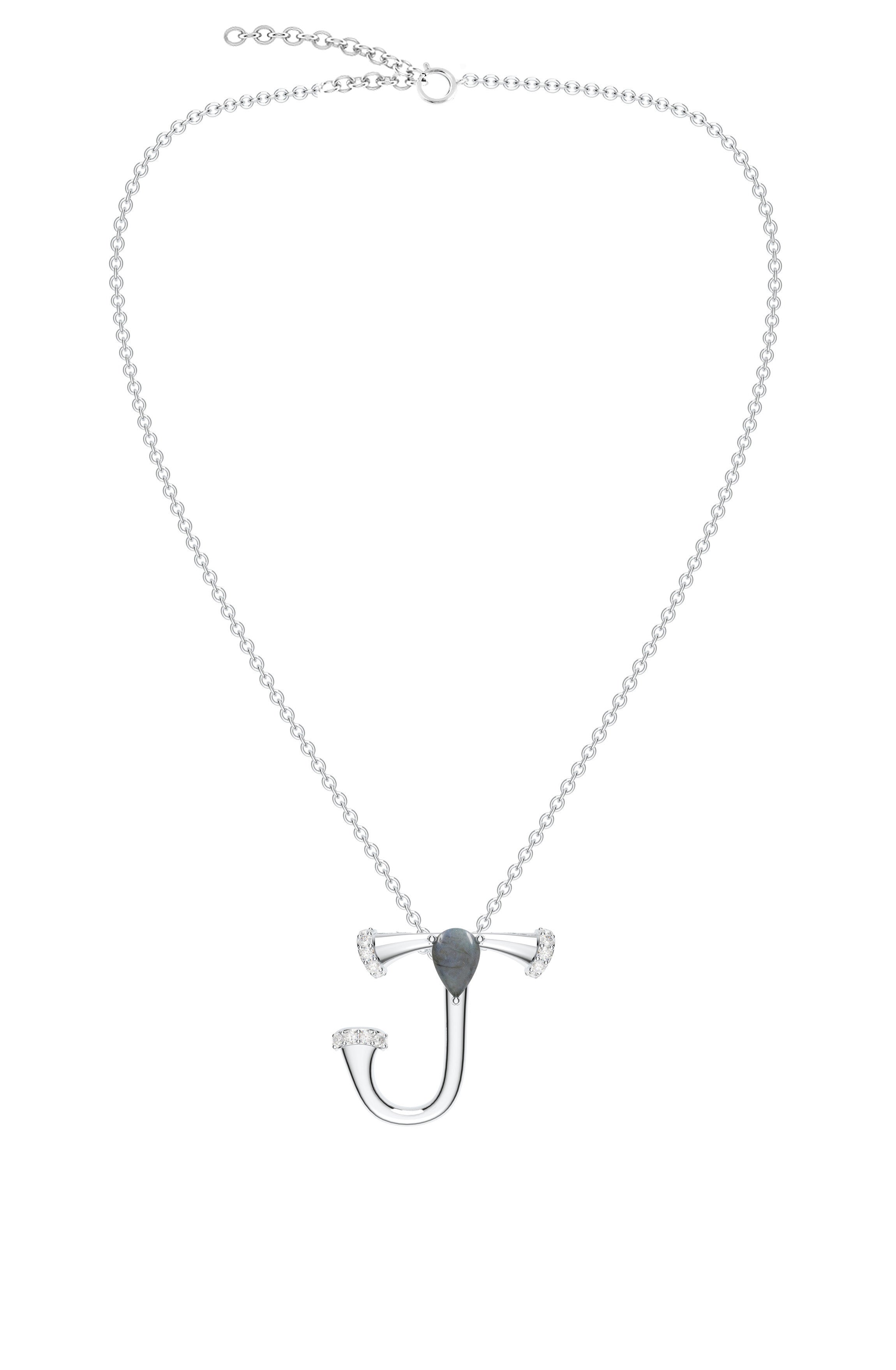 Signery ‘J’ Initial Pendant – Labradorite Moissanite & Rhodium Plated