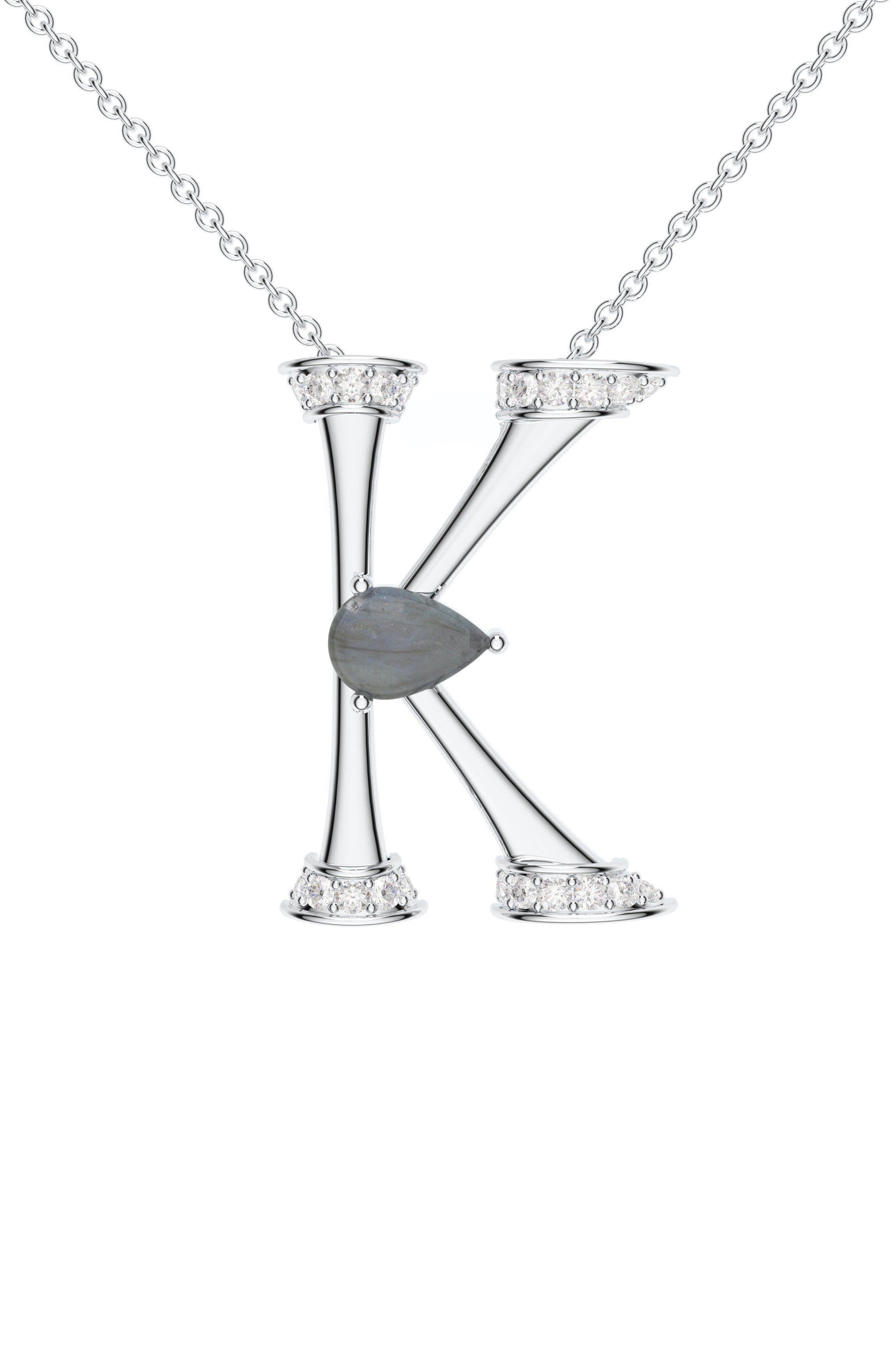 Signery ‘K’ Initial Pendant – Labradorite Moissanite & Rhodium Plated