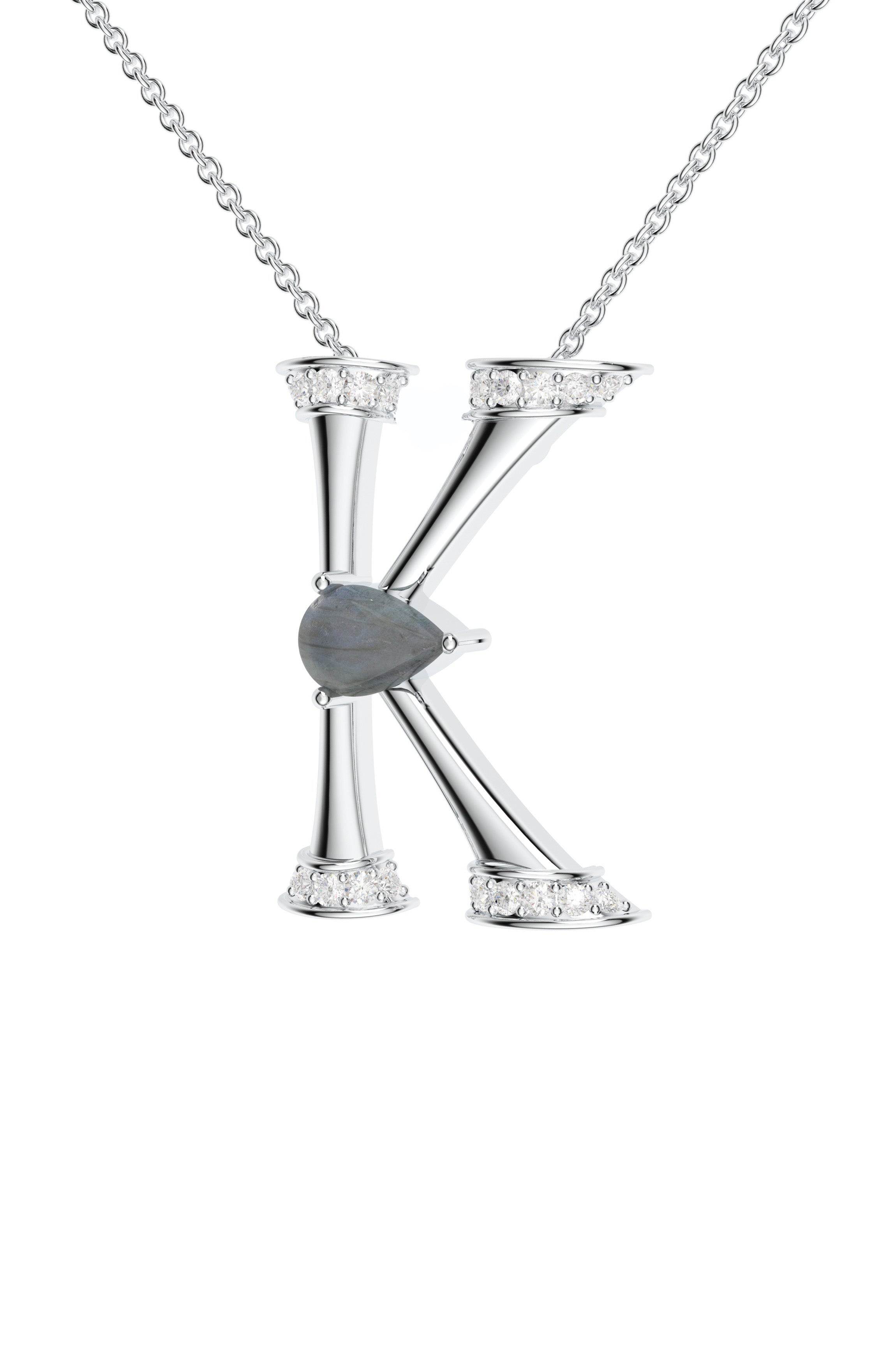 Signery ‘K’ Initial Pendant – Labradorite Moissanite & Rhodium Plated