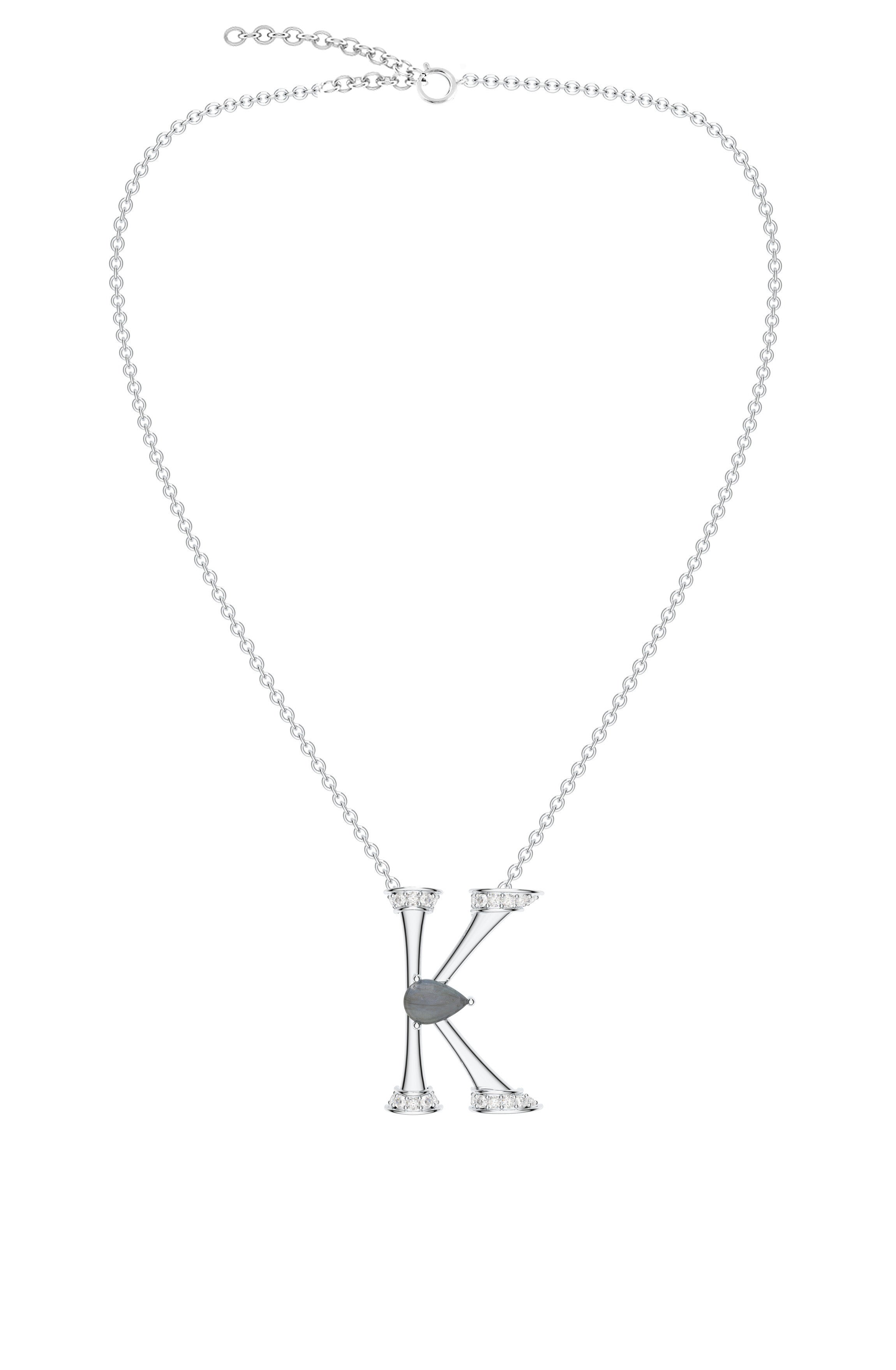 Signery ‘K’ Initial Pendant – Labradorite Moissanite & Rhodium Plated