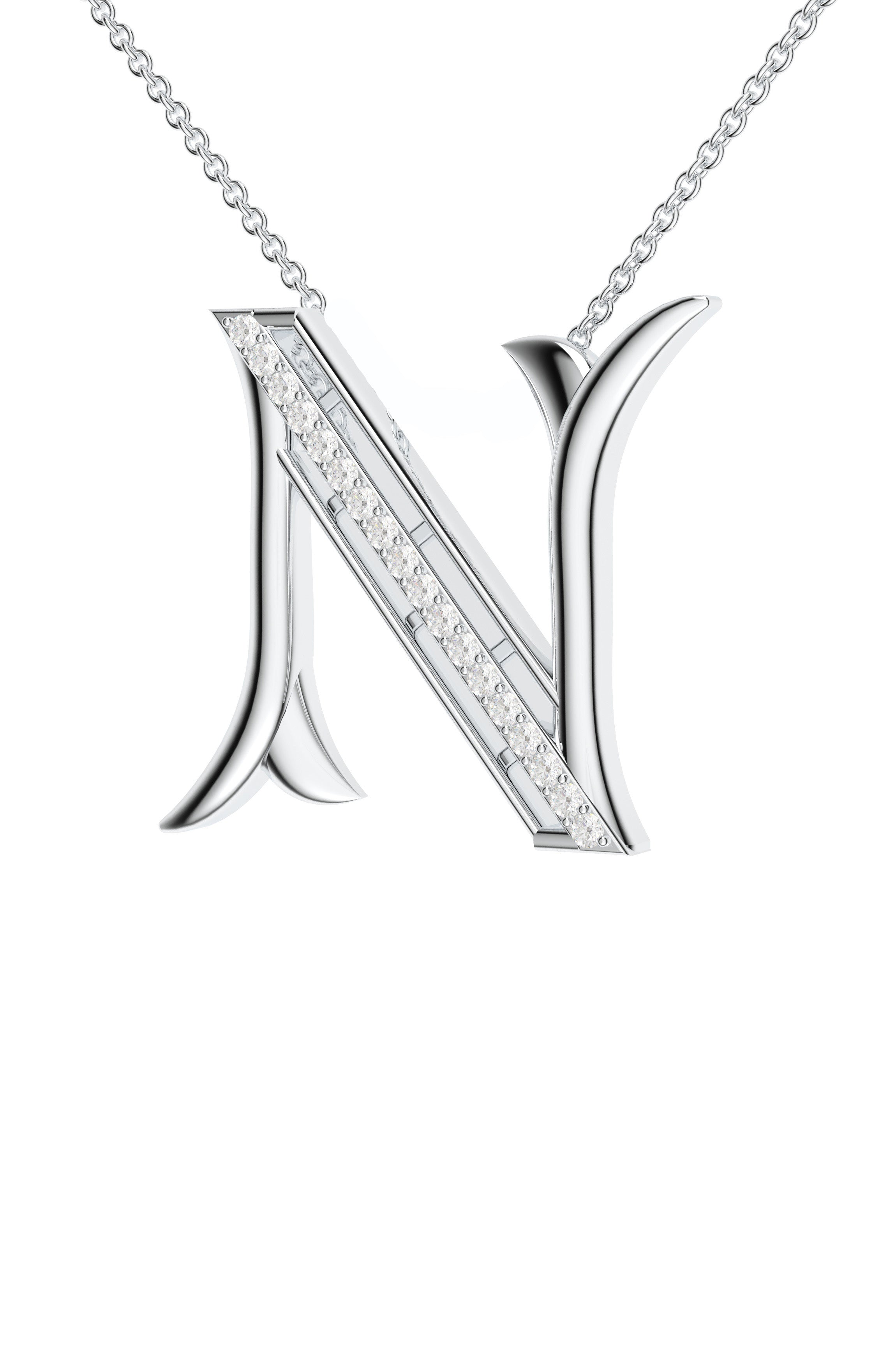 Signery ‘N’ Initial Pendant – Moissanite & Rhodium Plated