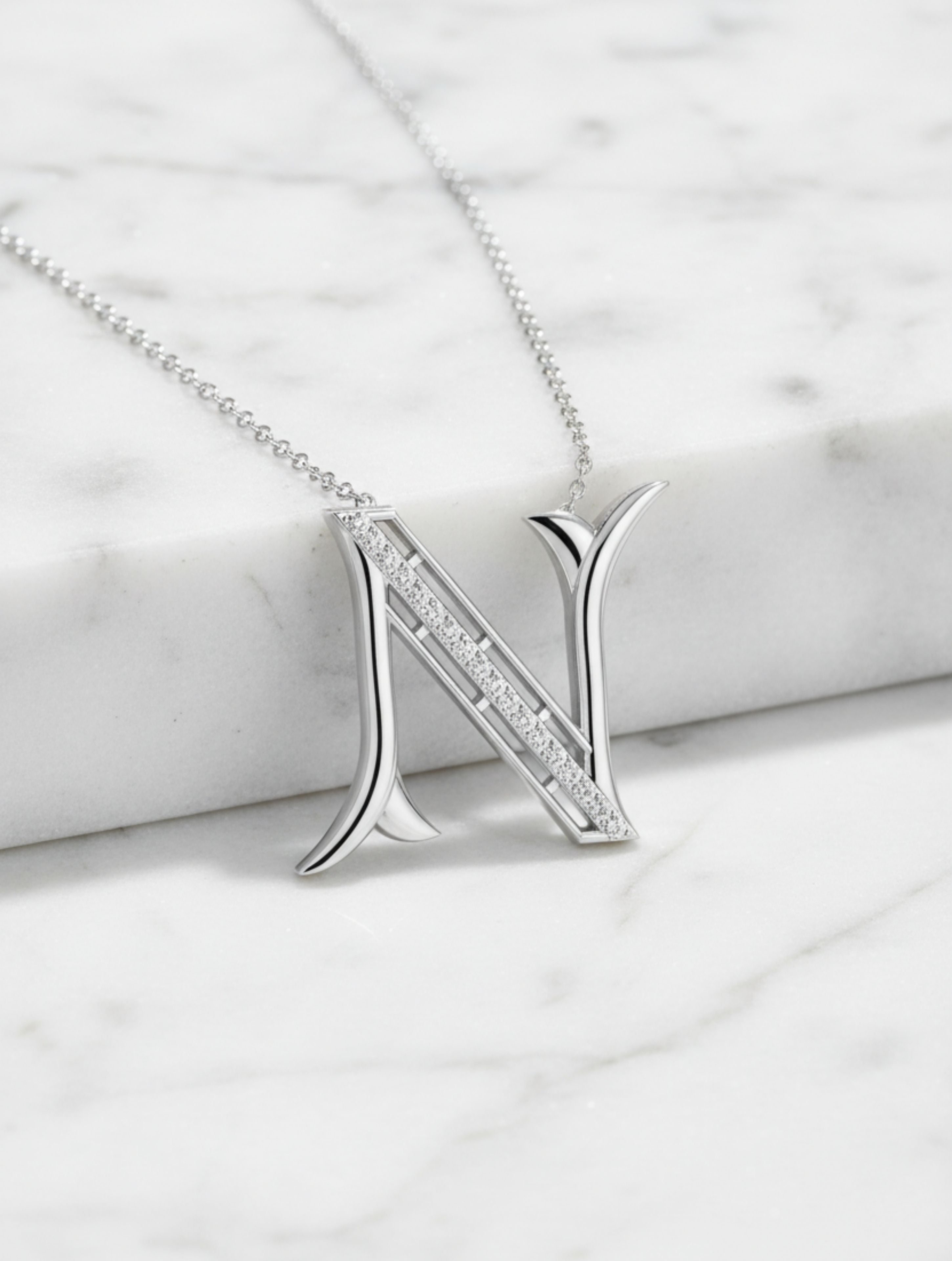 Signery ‘N’ Initial Pendant – Moissanite & Rhodium Plated