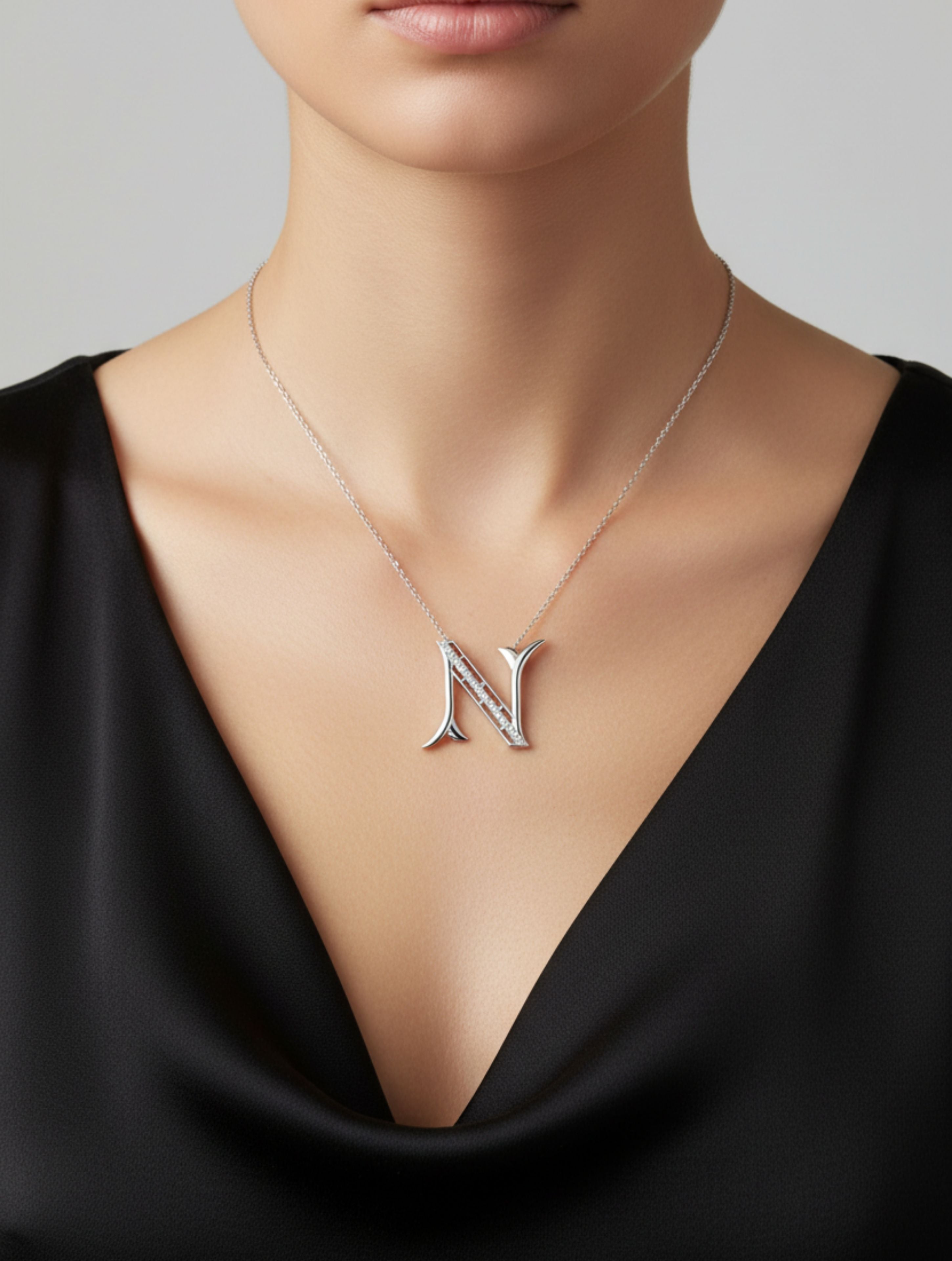Signery ‘N’ Initial Pendant – Moissanite & Rhodium Plated