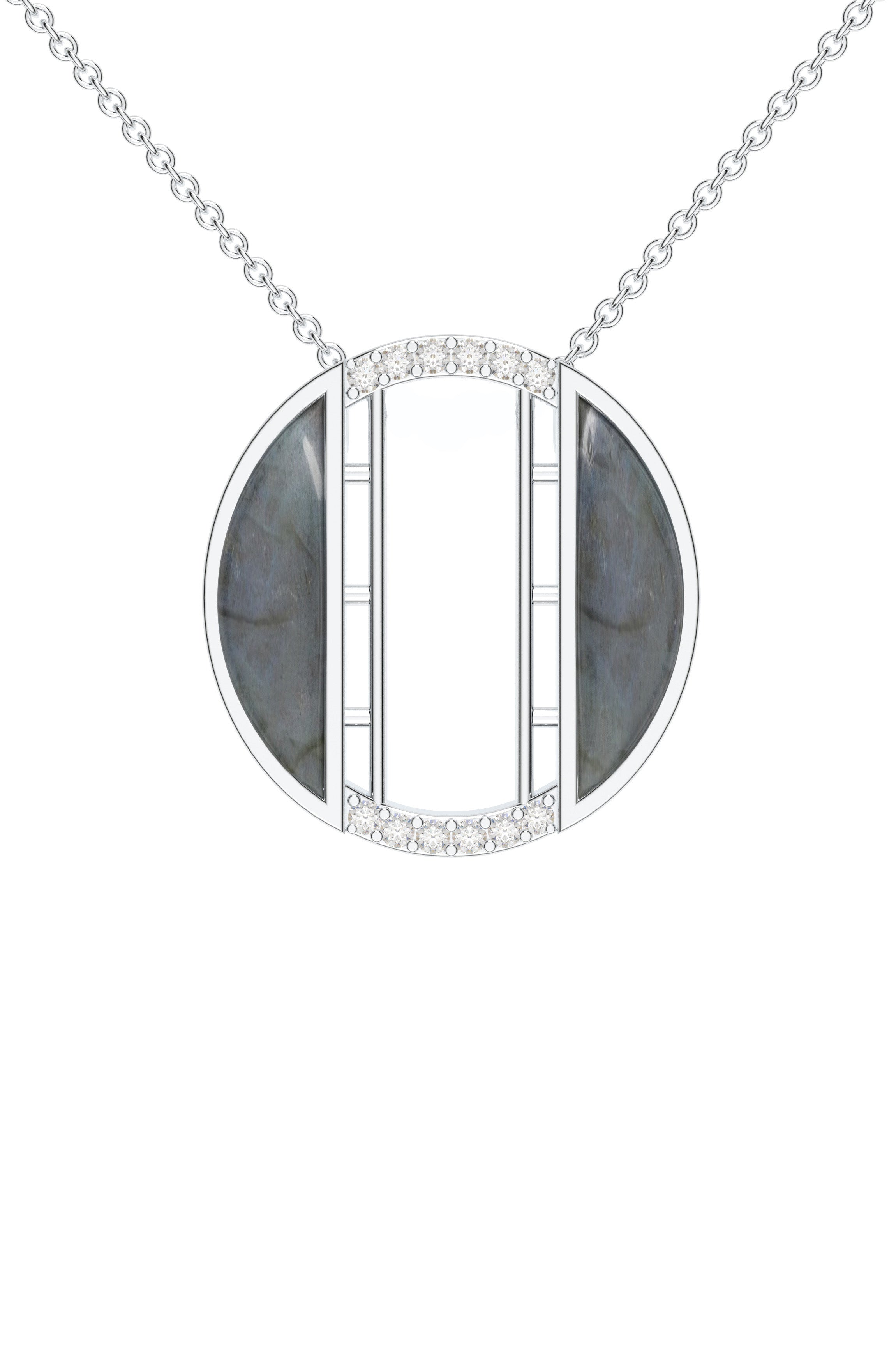 Signery ‘O’ Initial Pendant – Labradorite Moissanite & Rhodium Plated