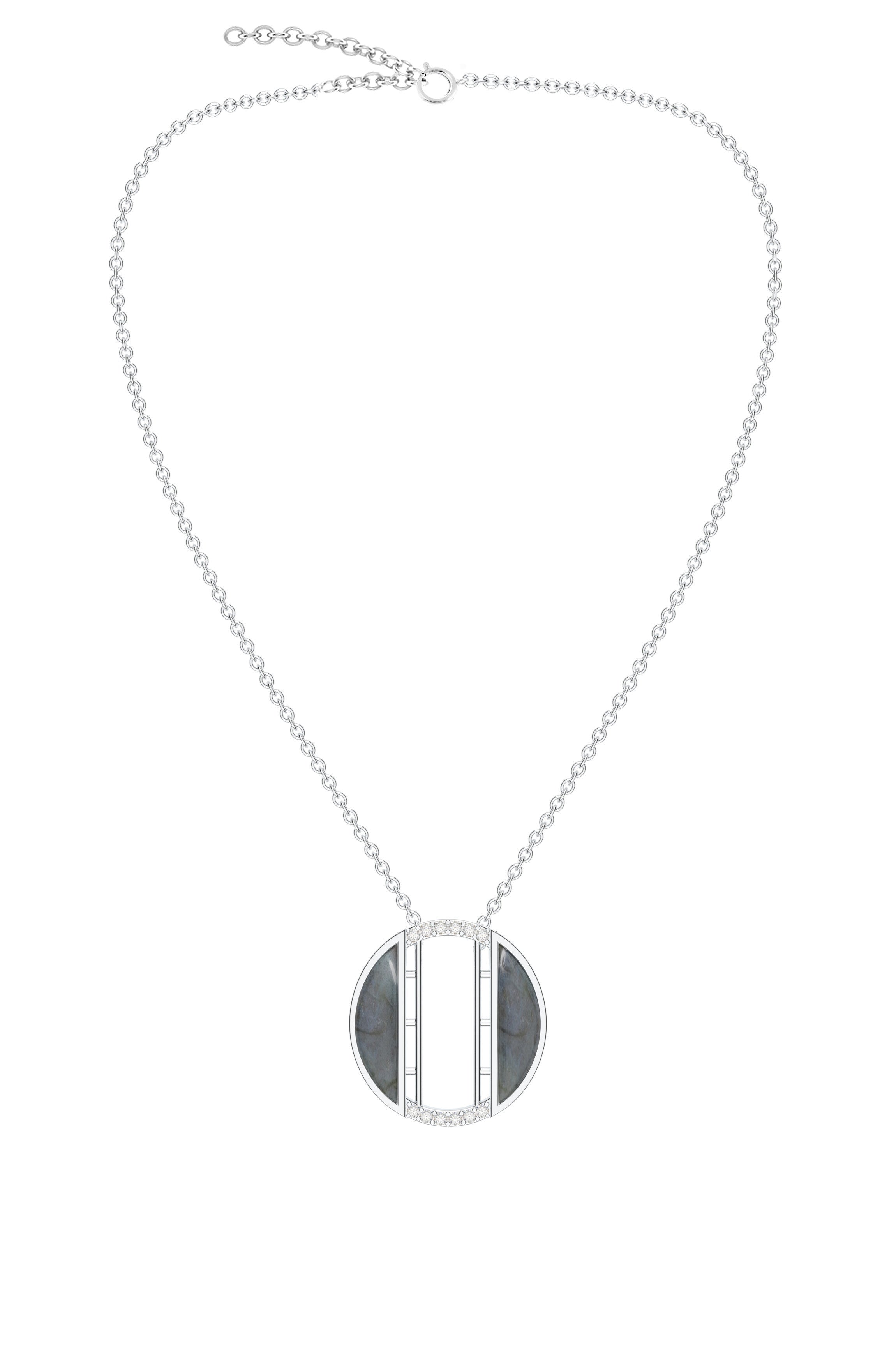 Signery ‘O’ Initial Pendant – Labradorite Moissanite & Rhodium Plated