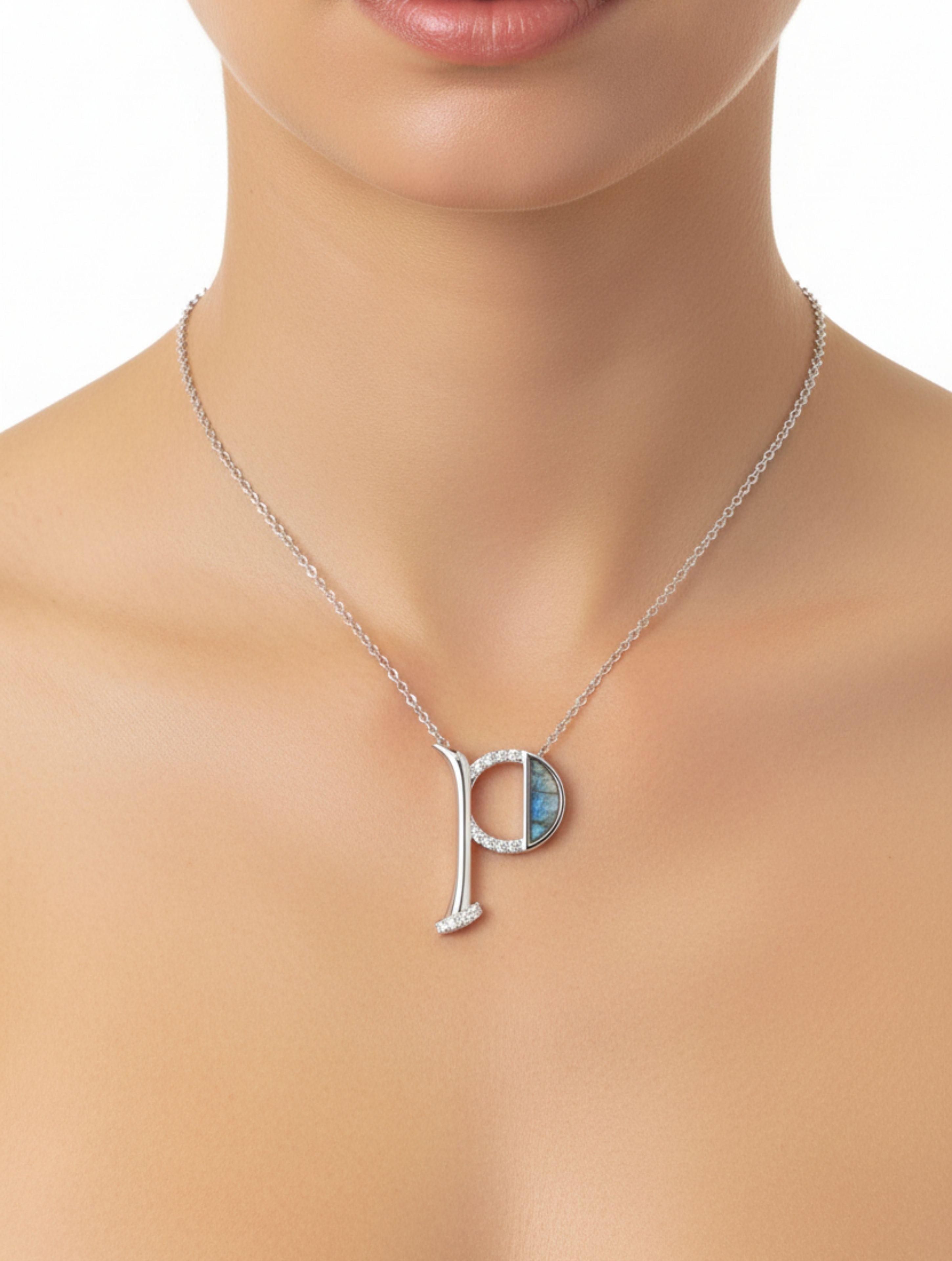 Signery ‘P’ Initial Pendant – Labradorite Moissanite & Rhodium Plated