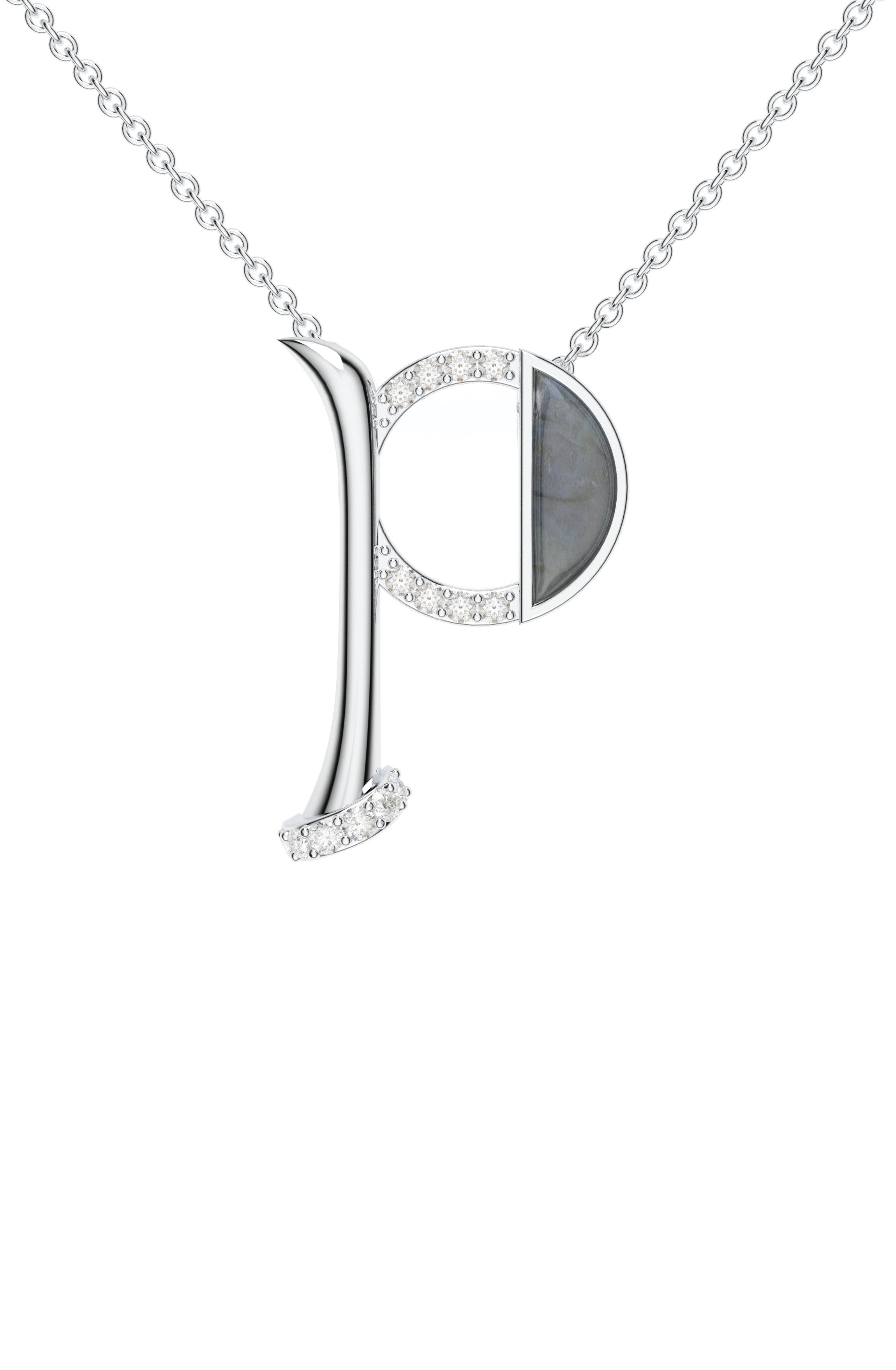 Signery ‘P’ Initial Pendant – Labradorite Moissanite & Rhodium Plated