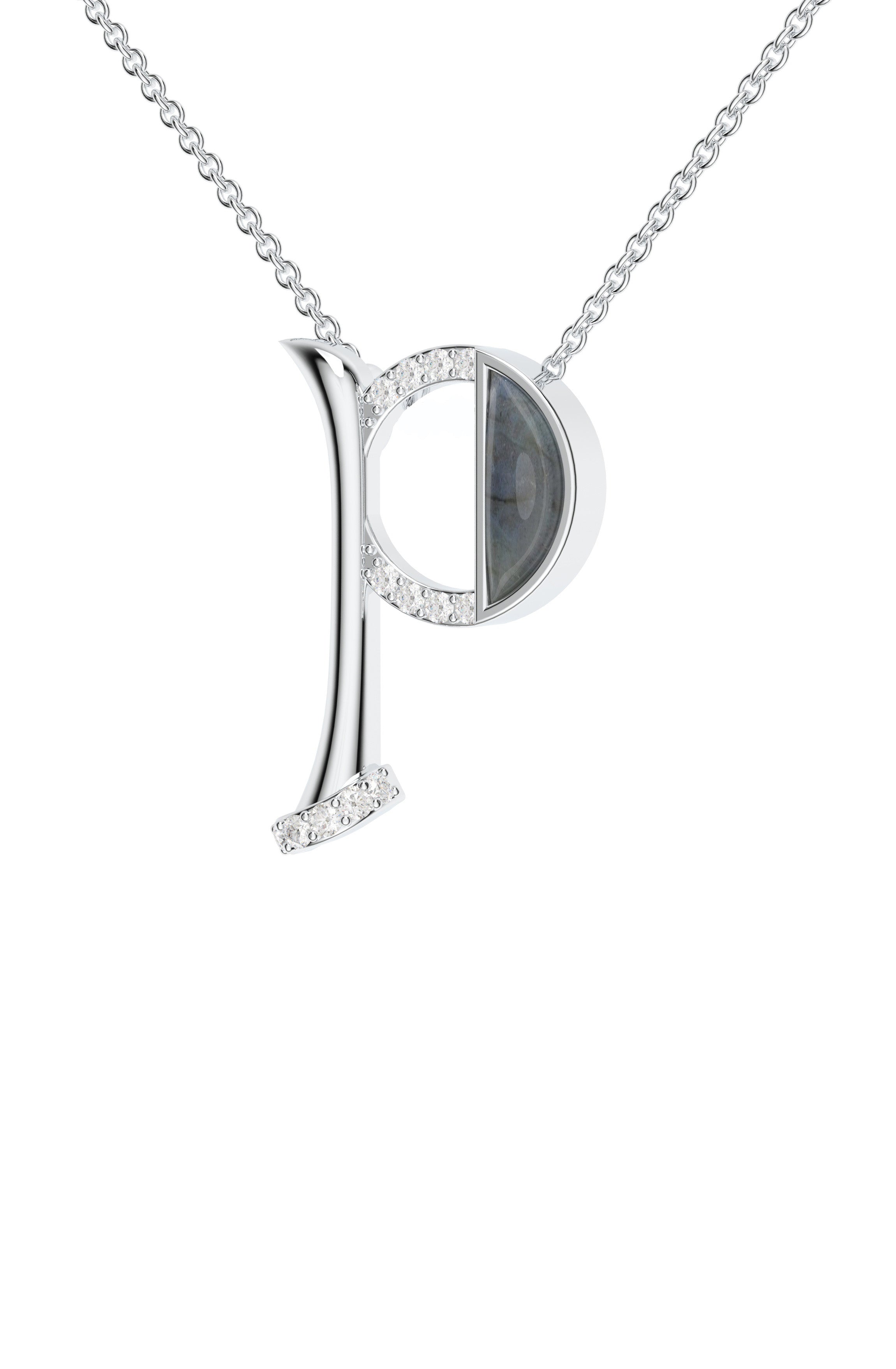 Signery ‘P’ Initial Pendant – Labradorite Moissanite & Rhodium Plated