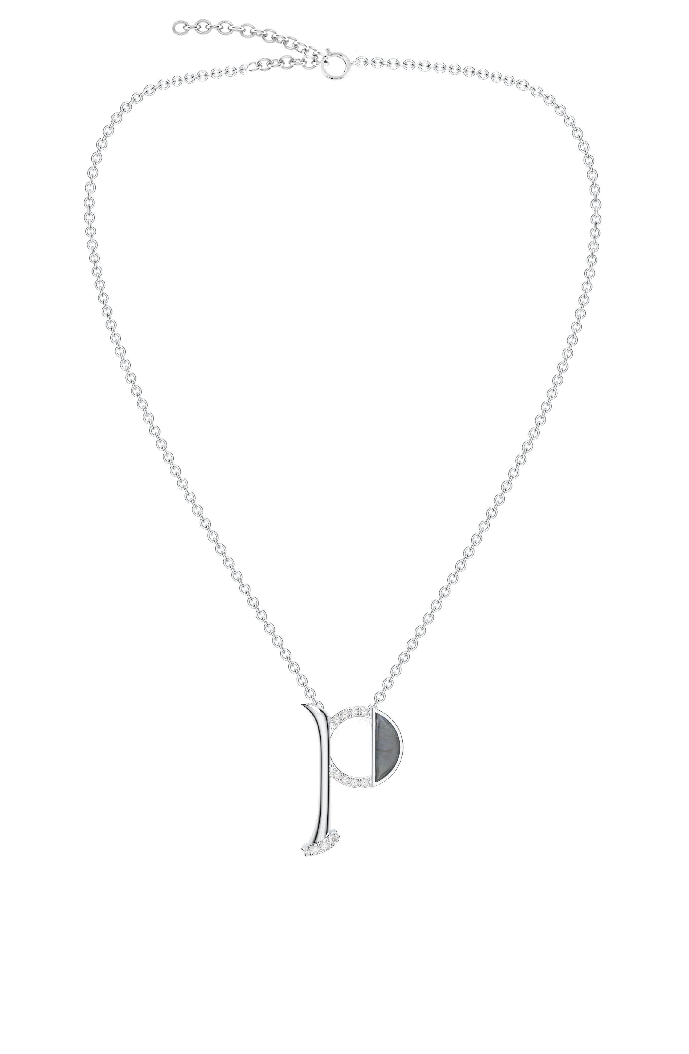 Signery ‘P’ Initial Pendant – Labradorite Moissanite & Rhodium Plated
