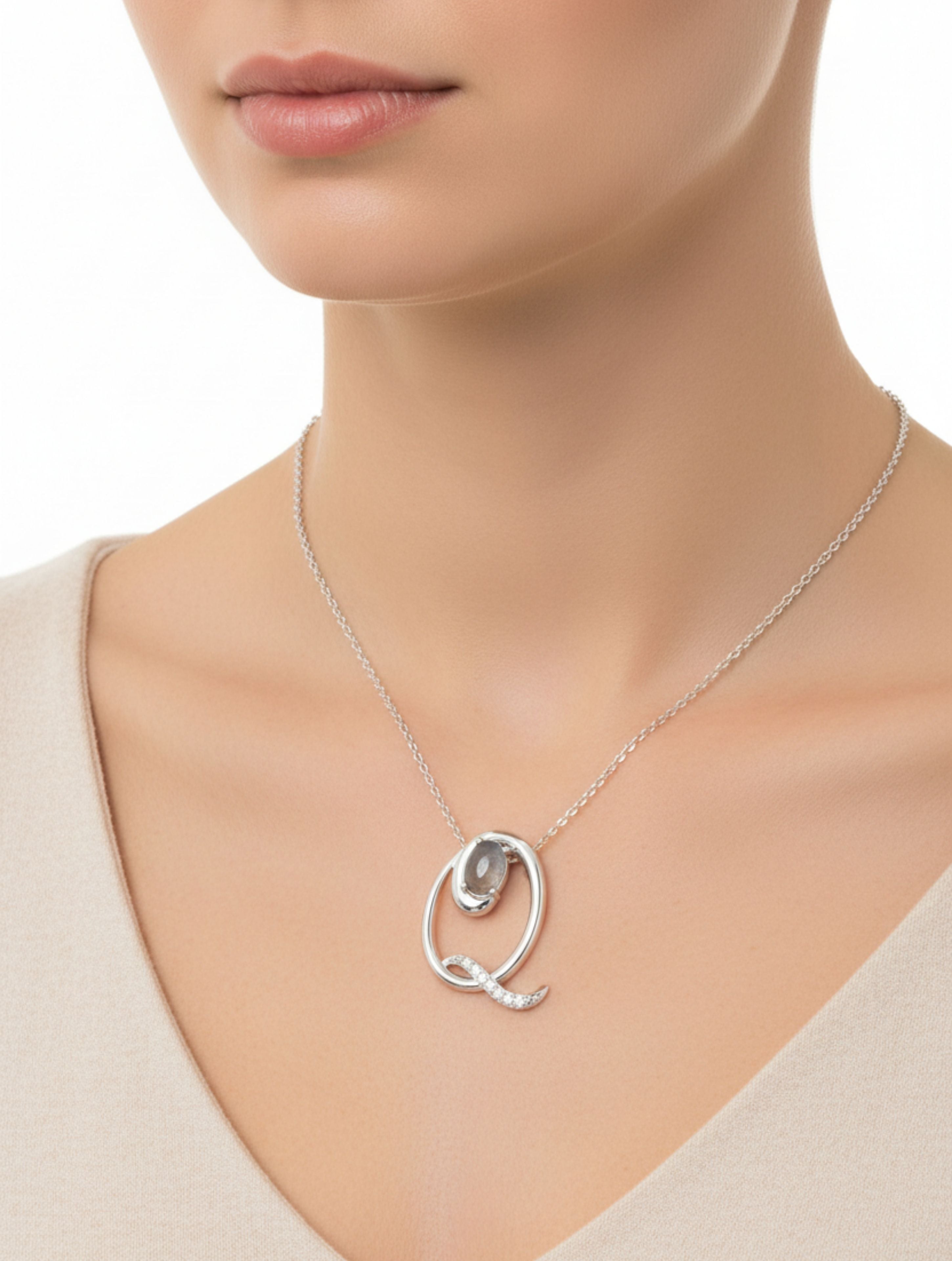 Signery ‘Q’ Initial Pendant – Labradorite Moissanite & Rhodium Plated