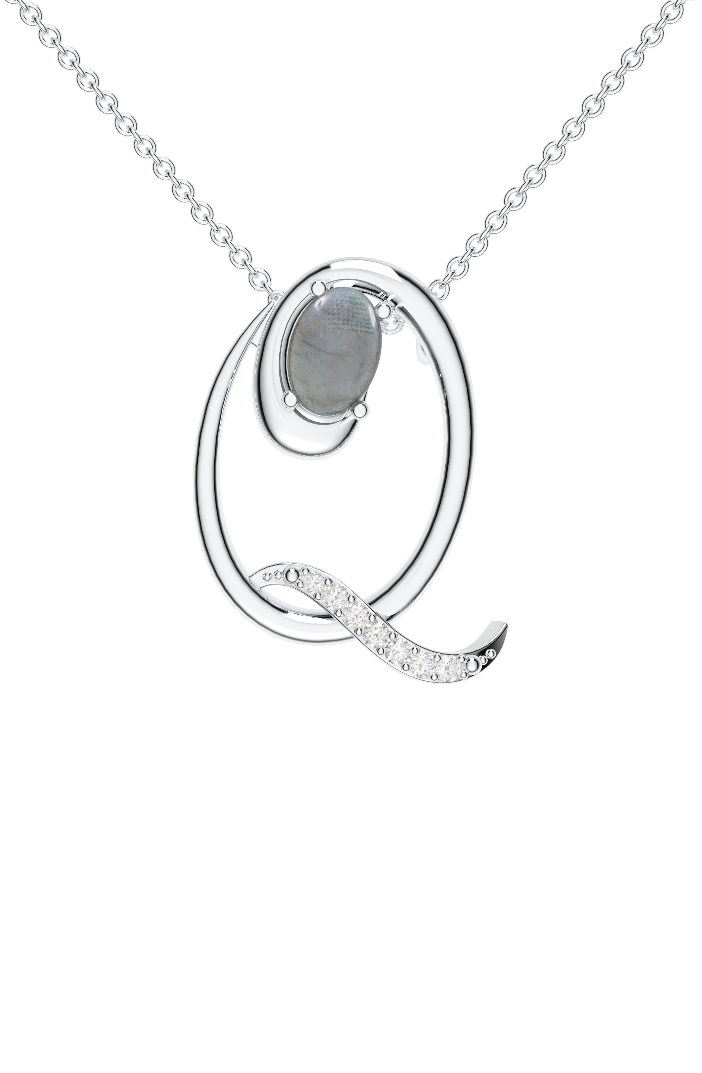 Signery ‘Q’ Initial Pendant – Labradorite Moissanite & Rhodium Plated