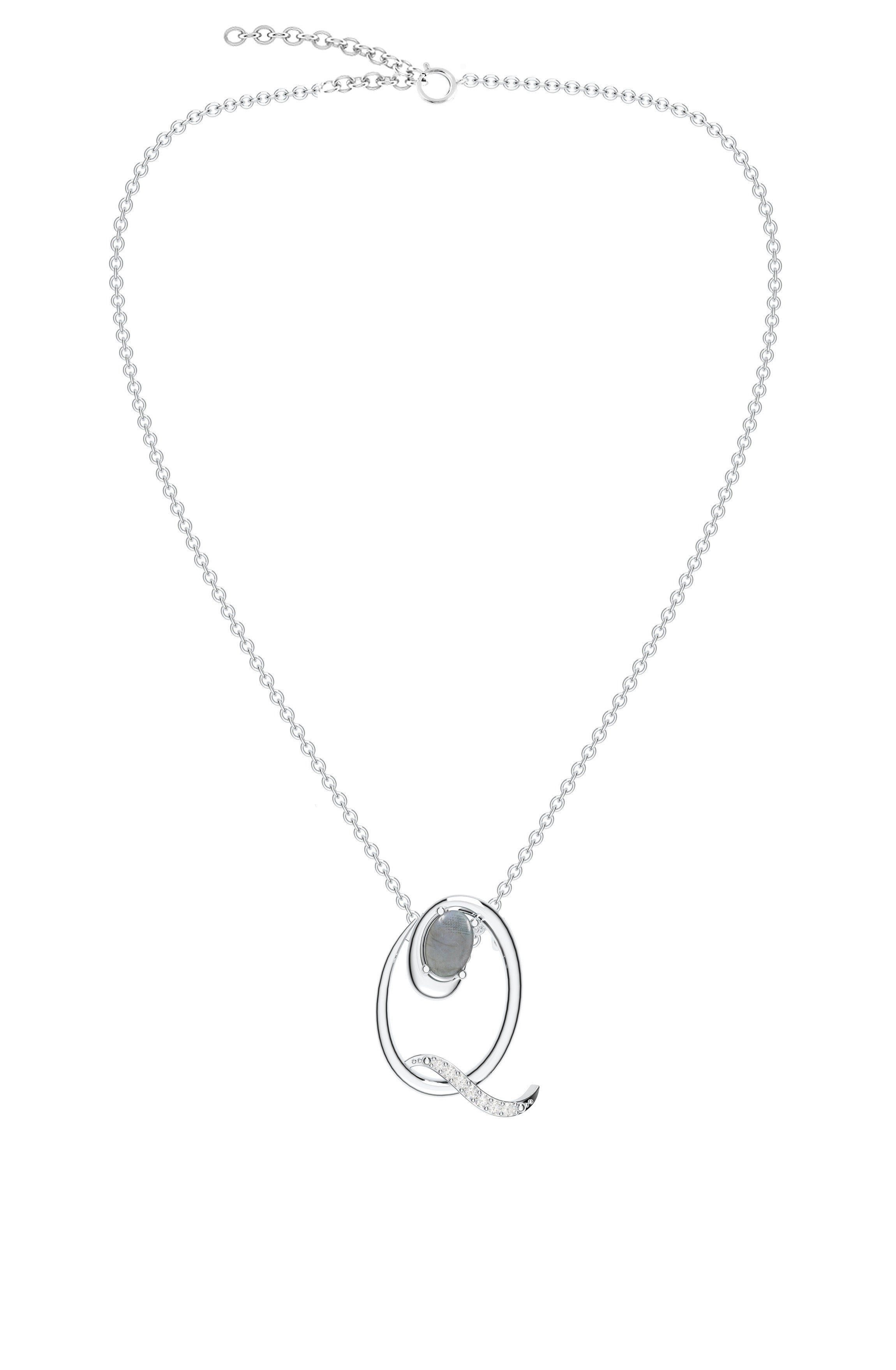 Signery ‘Q’ Initial Pendant – Labradorite Moissanite & Rhodium Plated