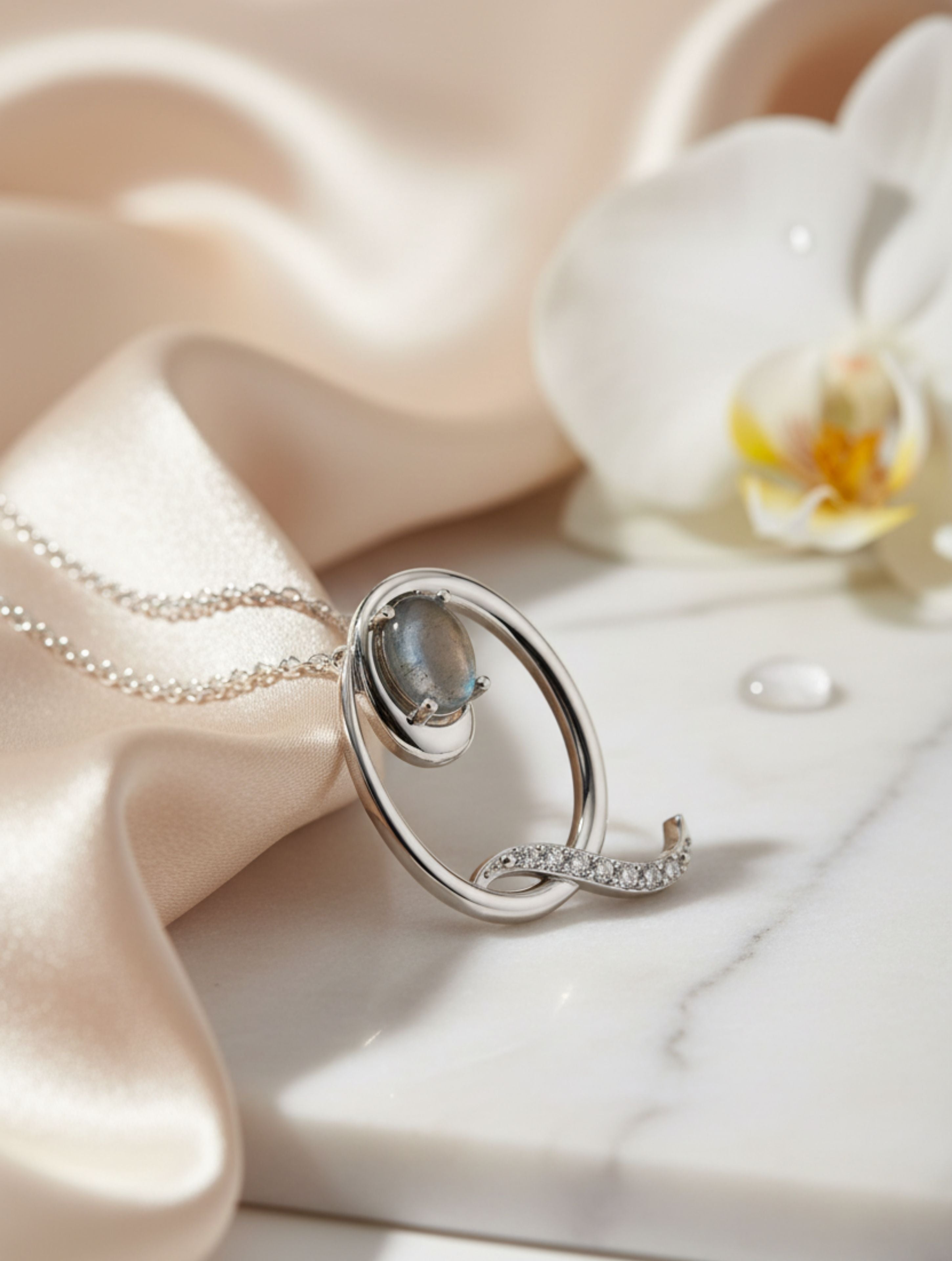 Signery ‘Q’ Initial Pendant – Labradorite Moissanite & Rhodium Plated