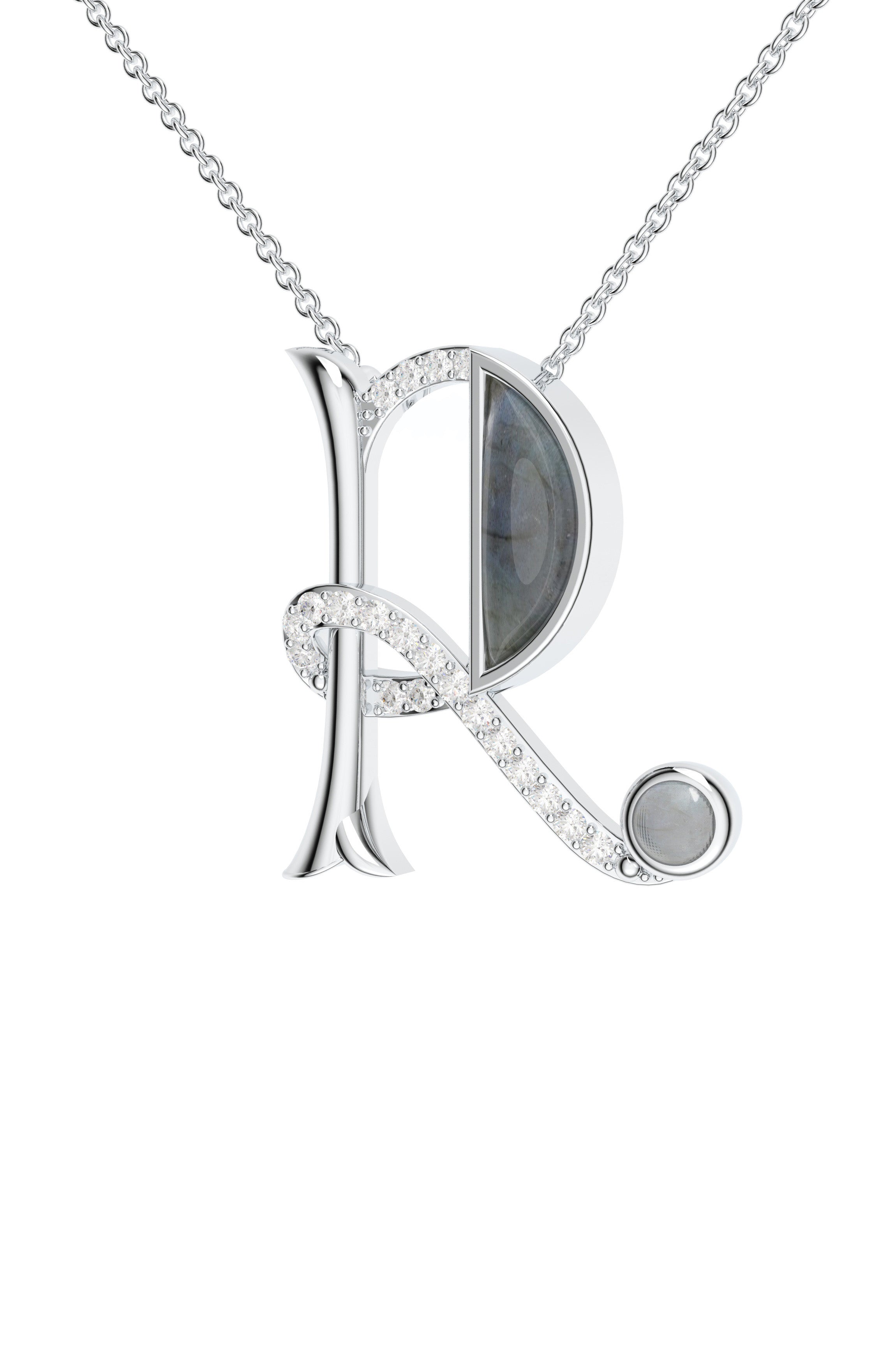 Signery ‘R’ Initial Pendant – Labradorite Moissanite & Rhodium Plated