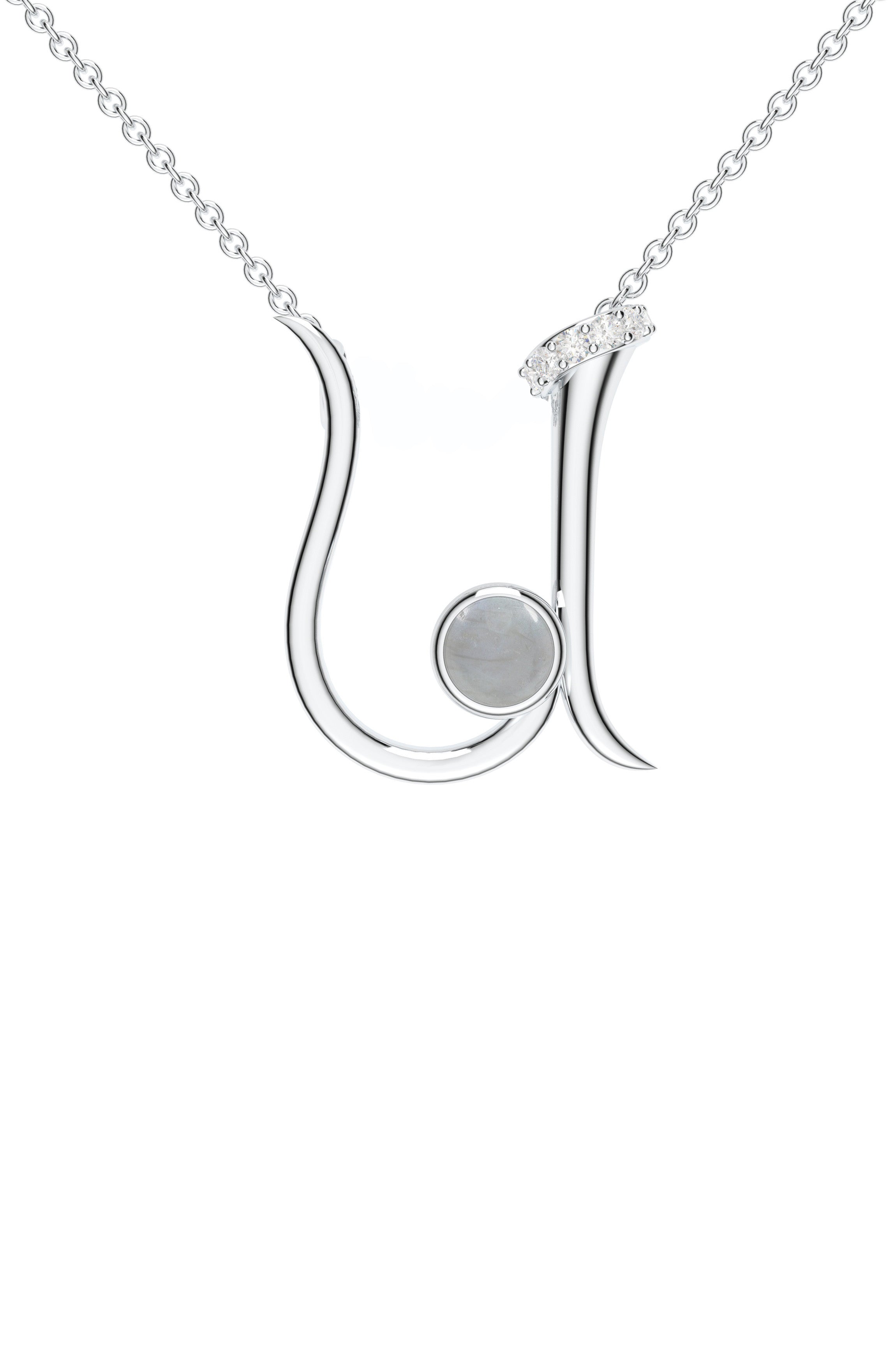 Signery ‘U’ Initial Pendant – Labradorite Moissanite & Rhodium Plated