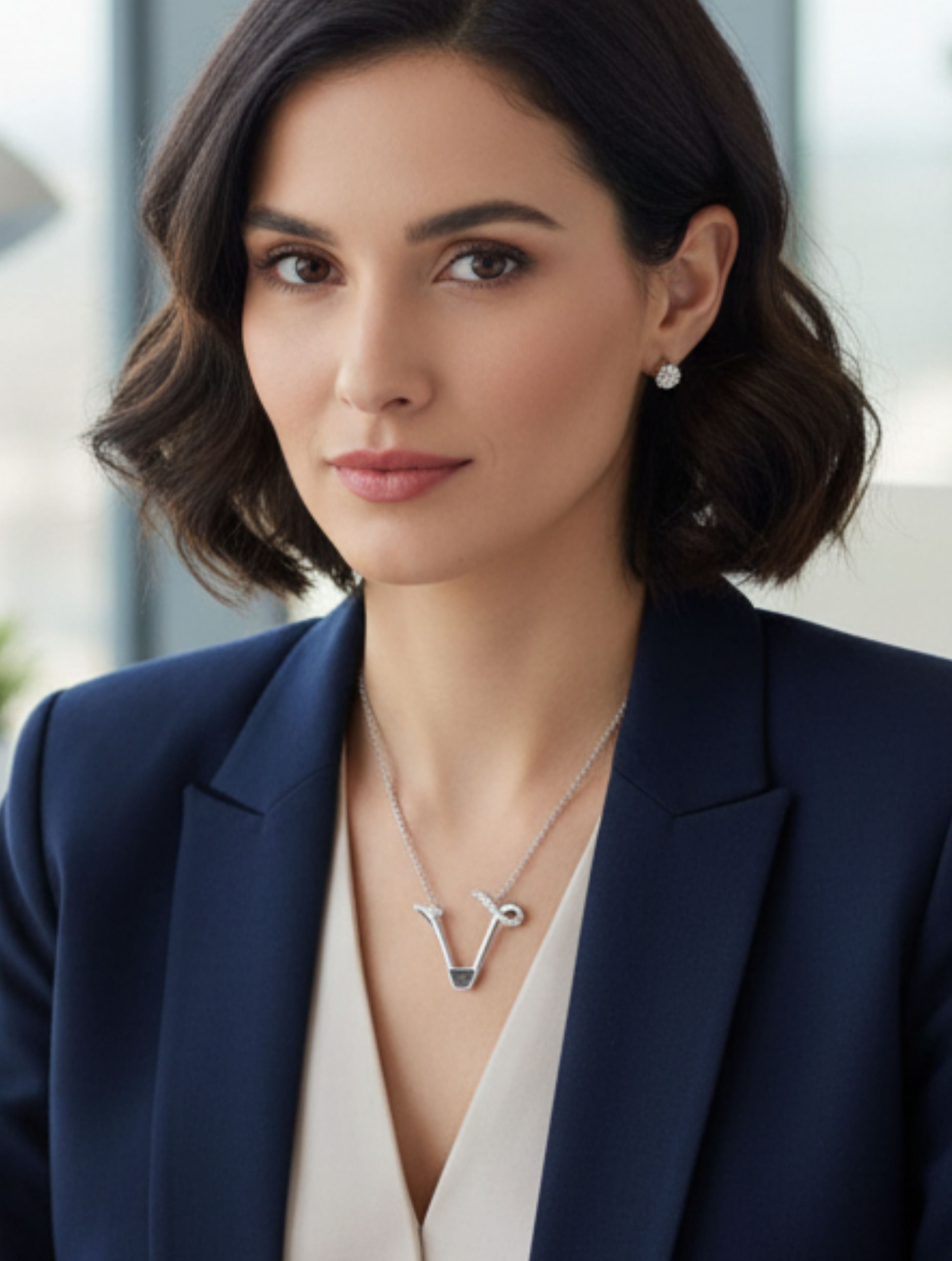 Signery ‘V’ Initial Pendant – Labradorite Moissanite & Rhodium Plated