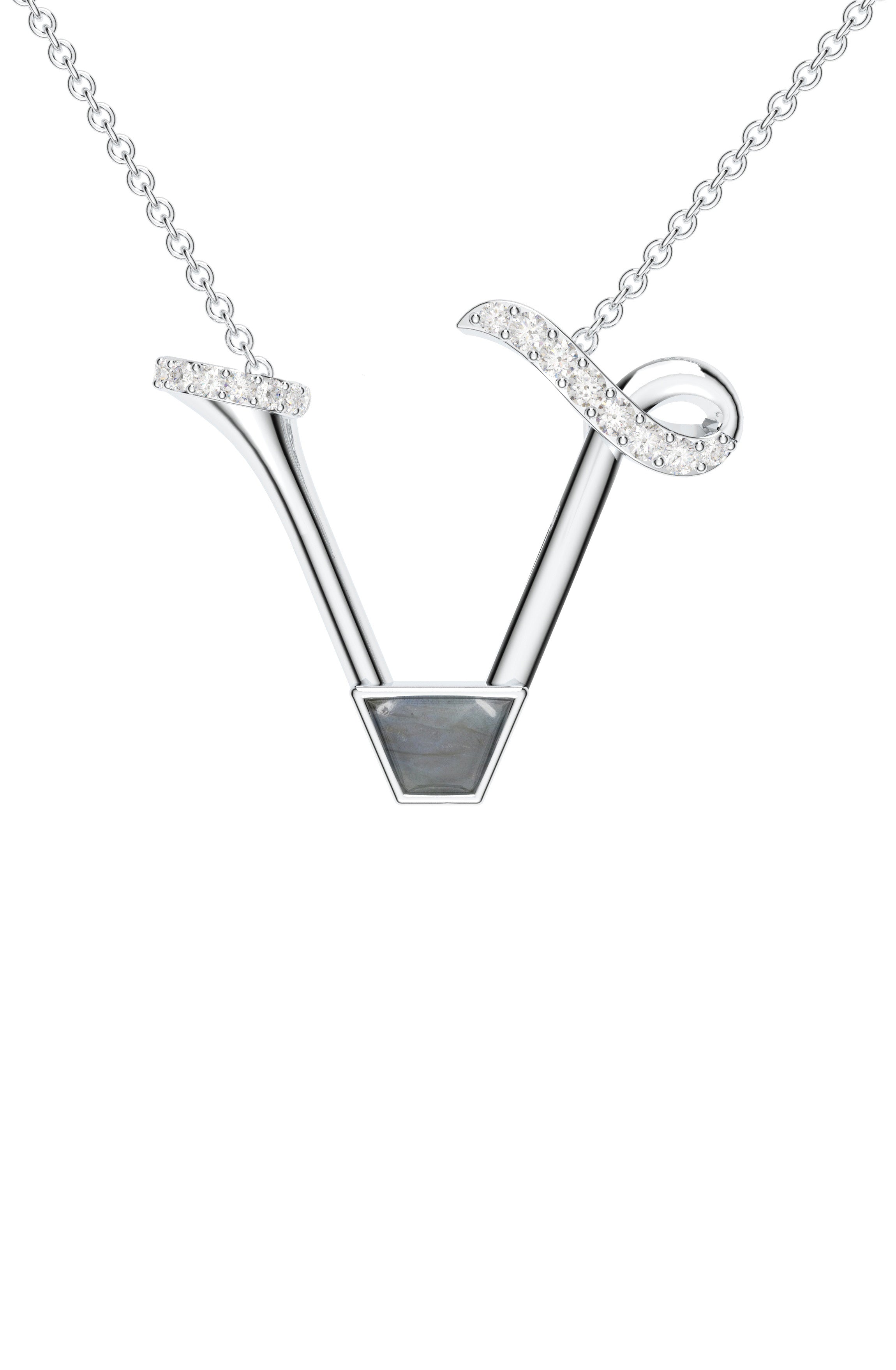 Signery ‘V’ Initial Pendant – Labradorite Moissanite & Rhodium Plated