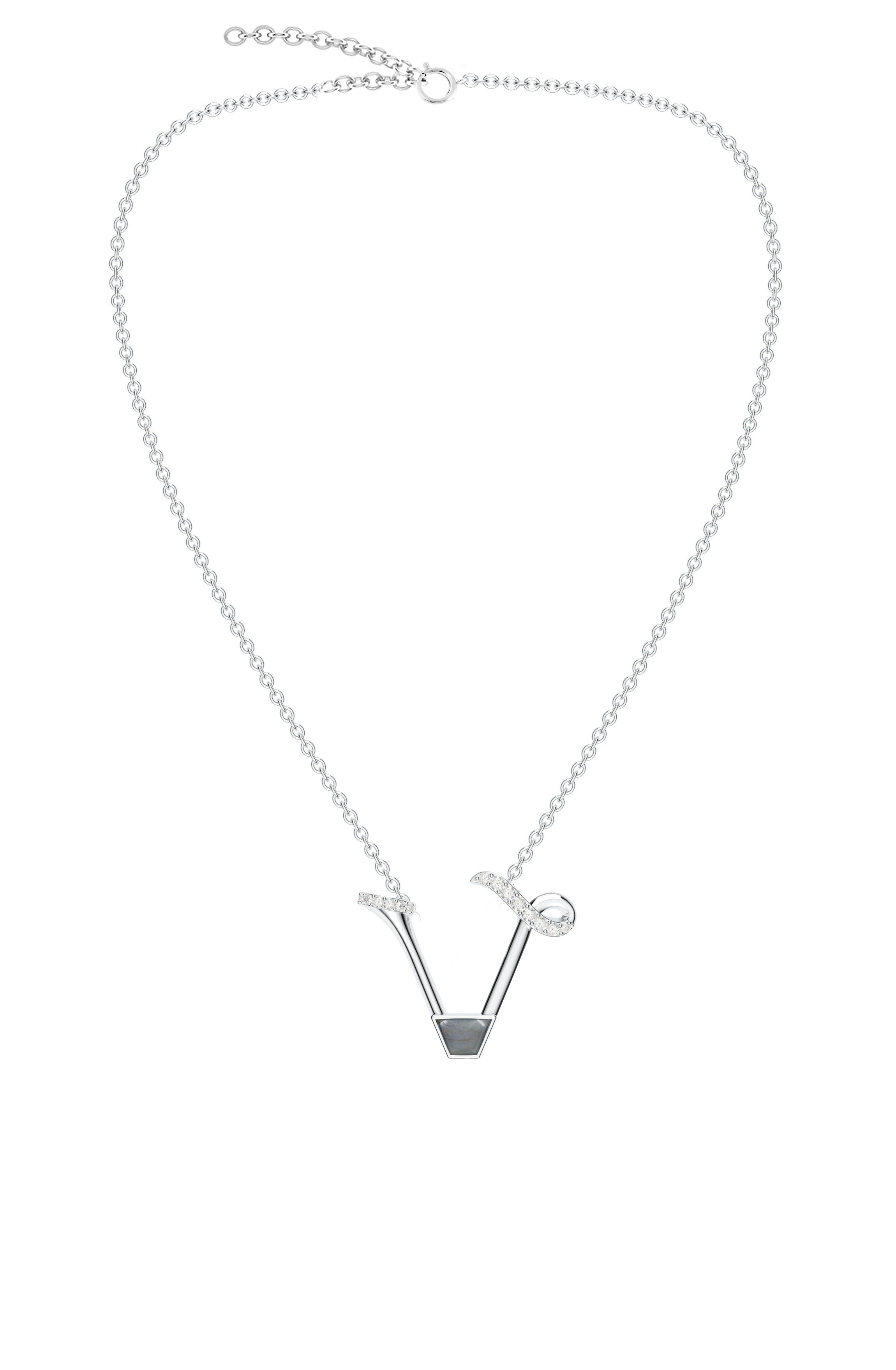 Signery ‘V’ Initial Pendant – Labradorite Moissanite & Rhodium Plated