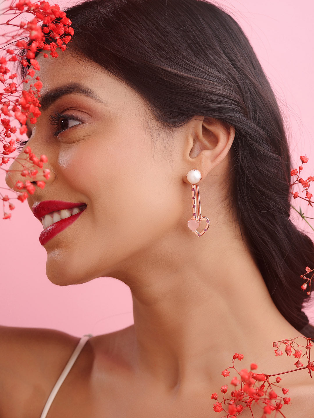 Elysian Rose Gold Heart Essence Rhodolite Garnet Pearl Ear Jackets in 925 Sterling Silver For Women
