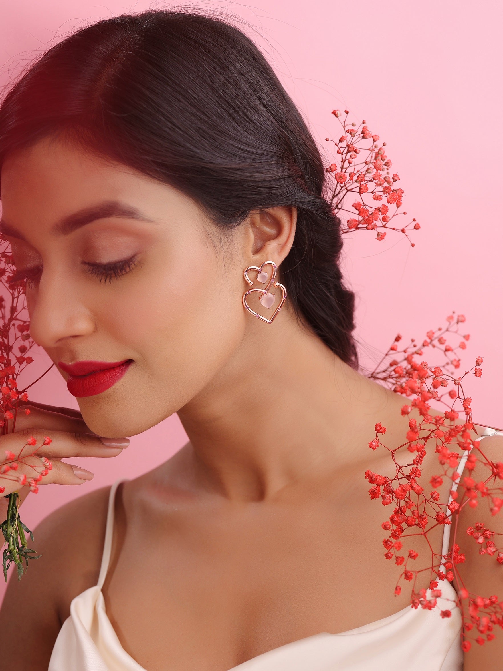Elysian Rose Gold Love Motif Pink Chalcedony Earrings For Women