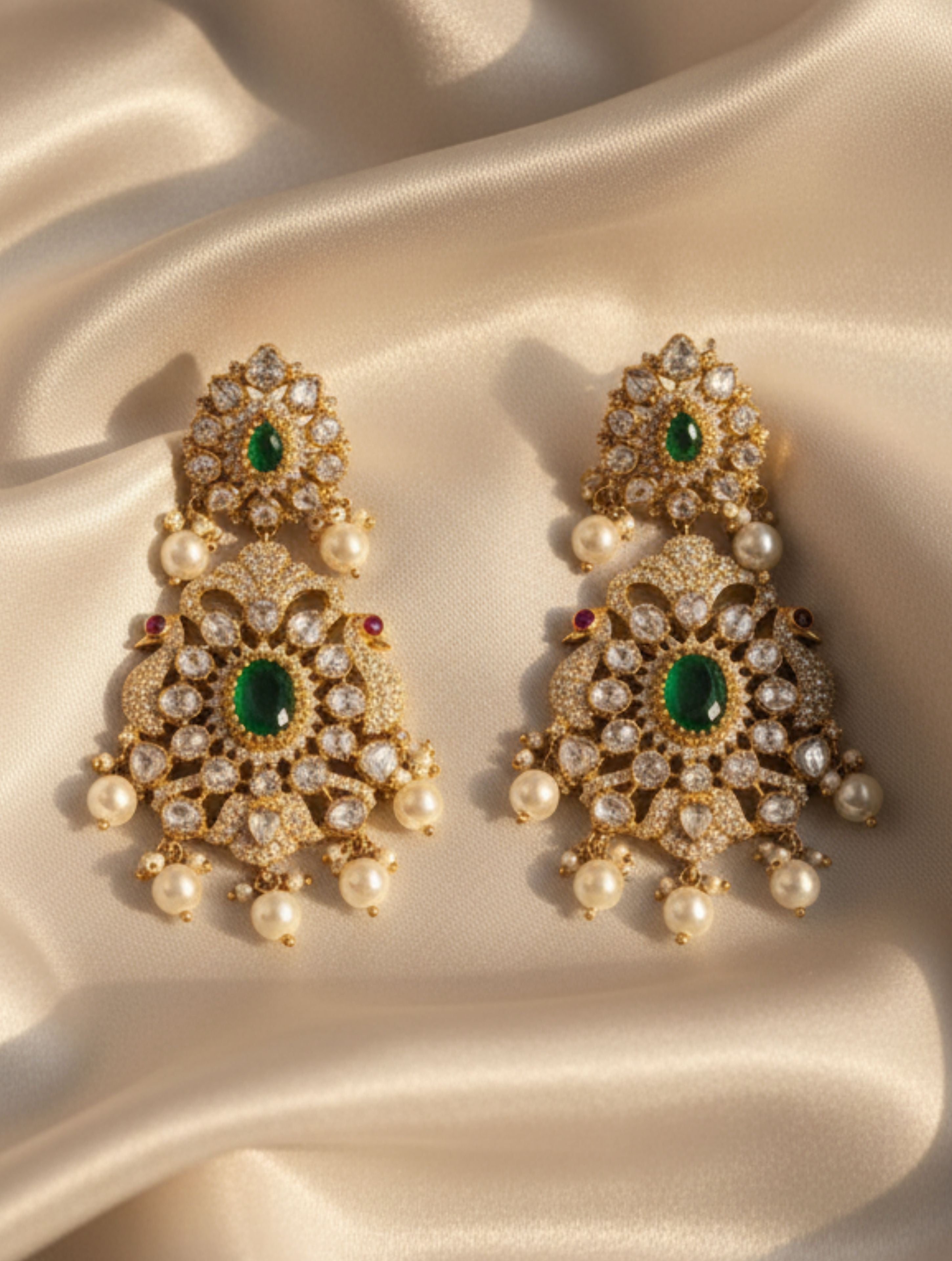 Gold-Plated Peacock & Floral Polki Moissanite Drop Earrings