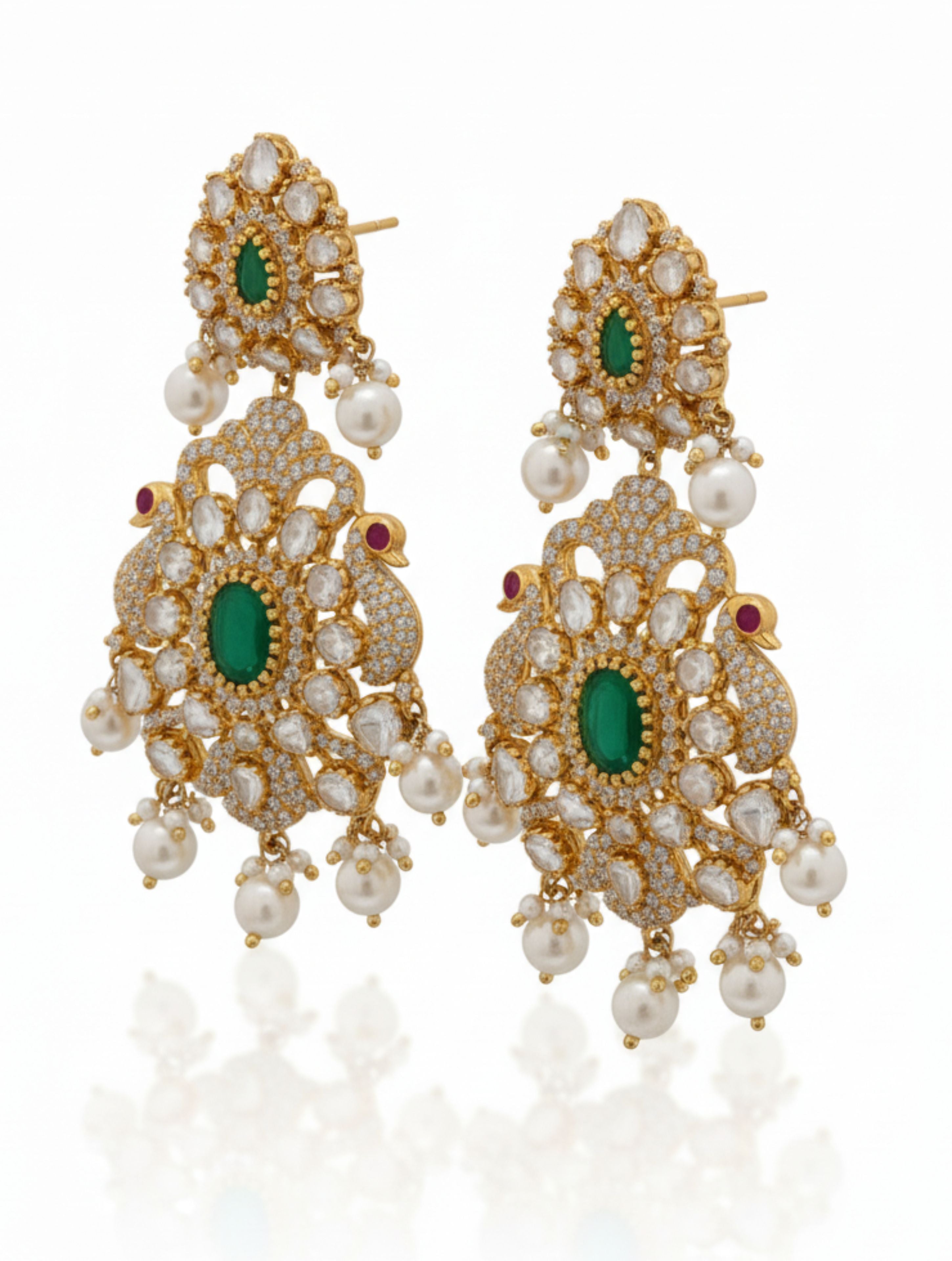 Gold-Plated Peacock & Floral Polki Moissanite Drop Earrings