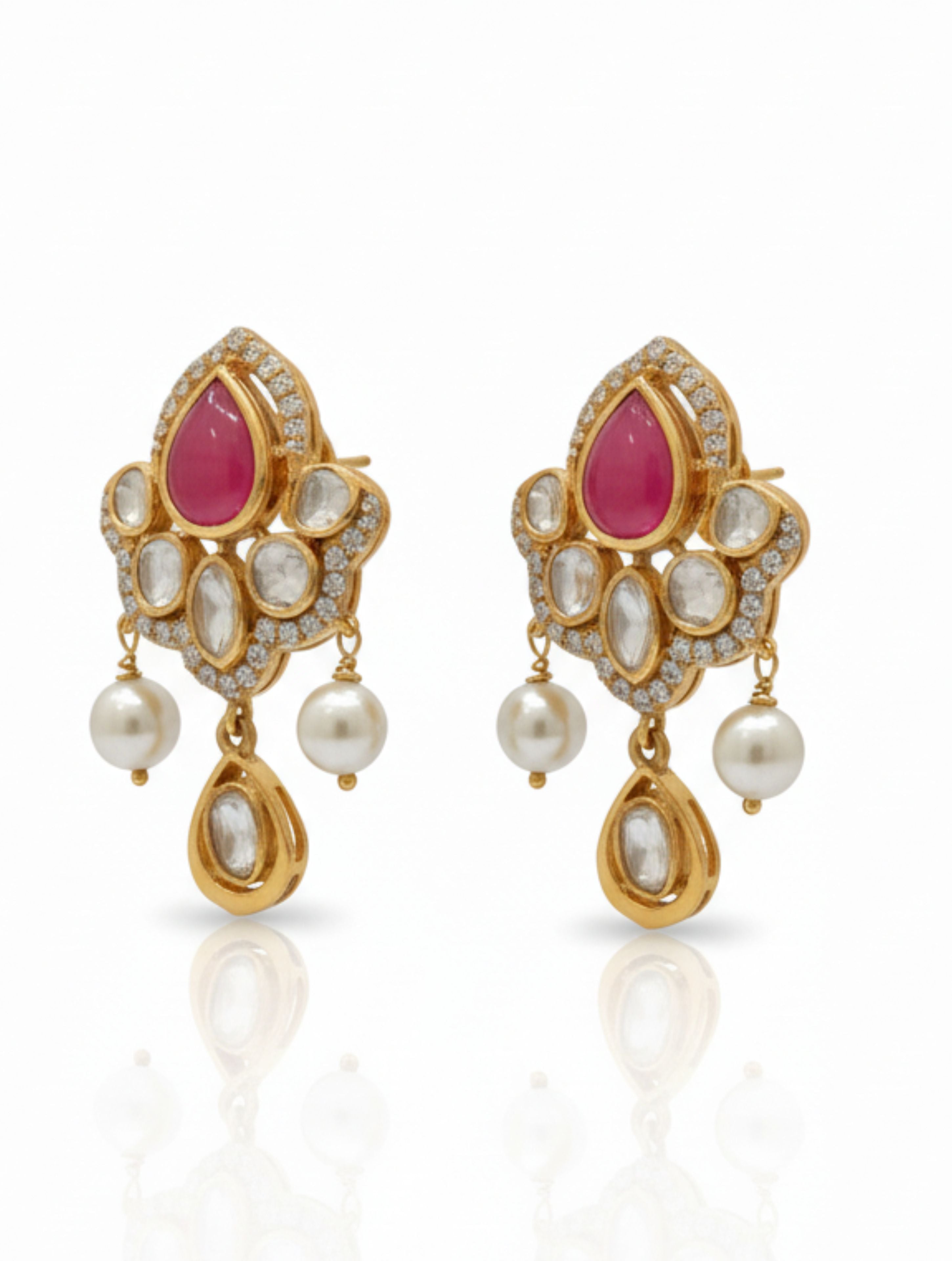 Red Quartz, Polki, & Pearl Sterling Silver Dangler Earrings