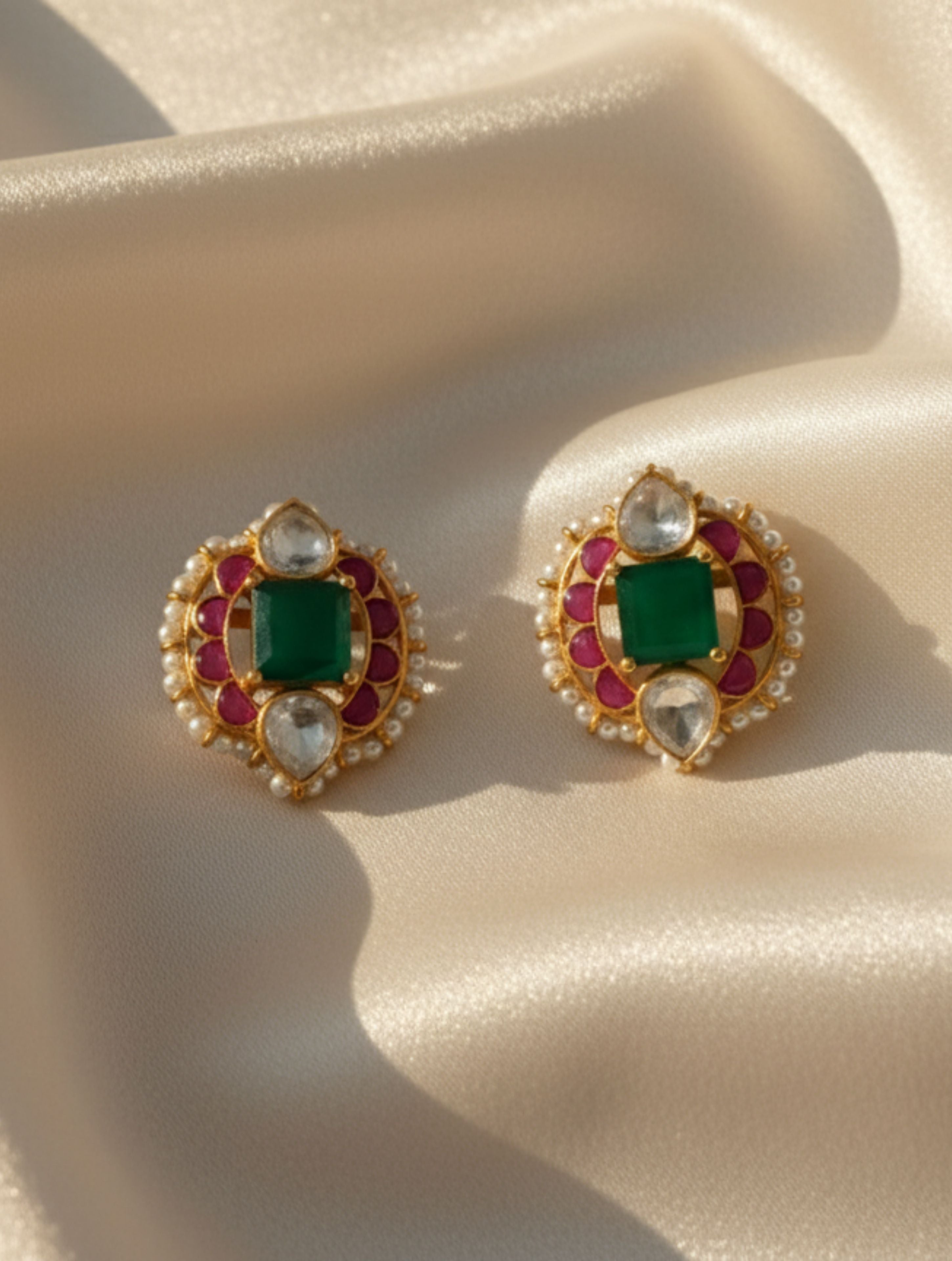 Sterling Silver Moissanite Polki & Green Onyx Statement Studs