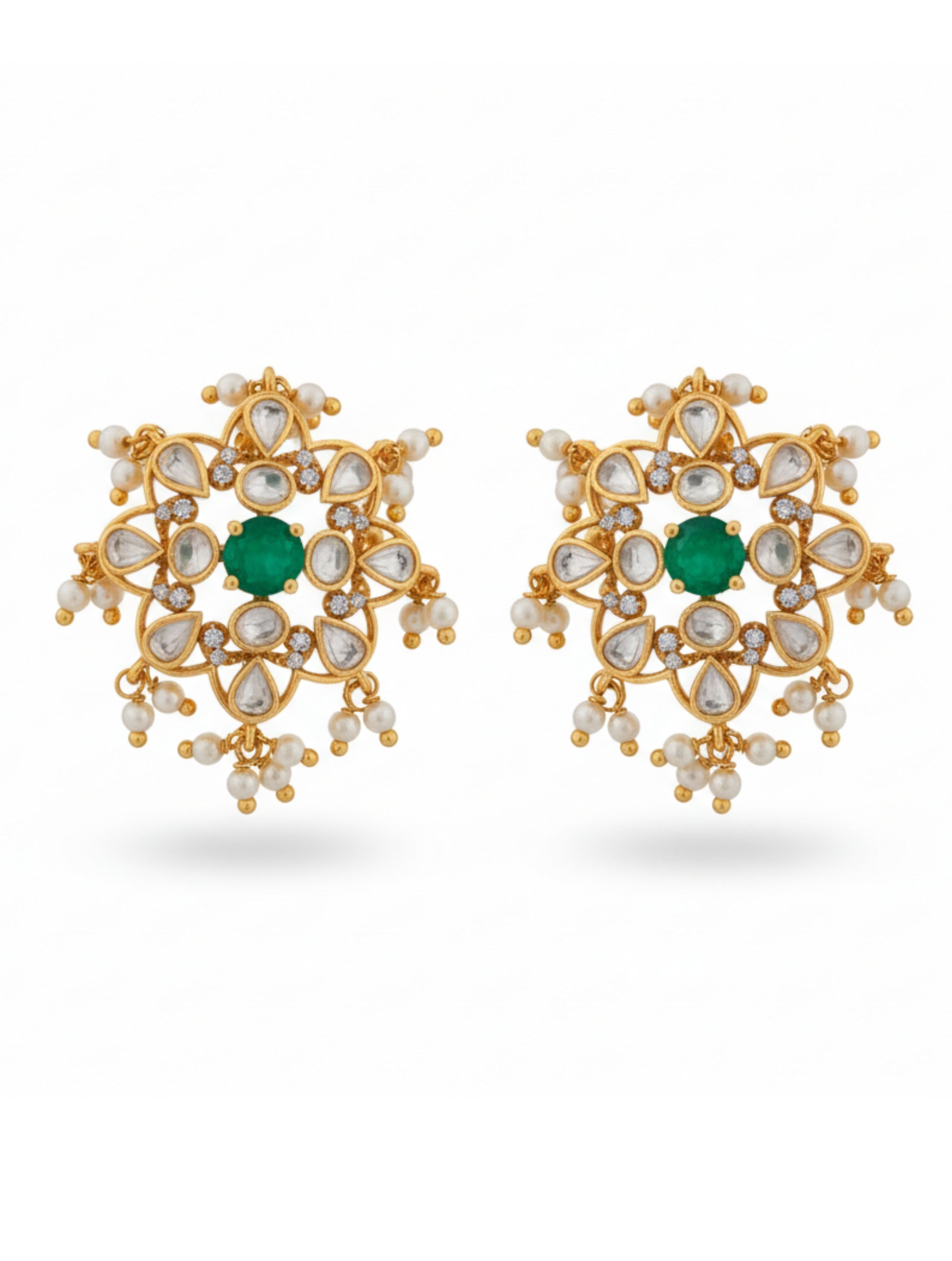 Silver Luxury Polki Moissanite Green Onyx Floral Studs