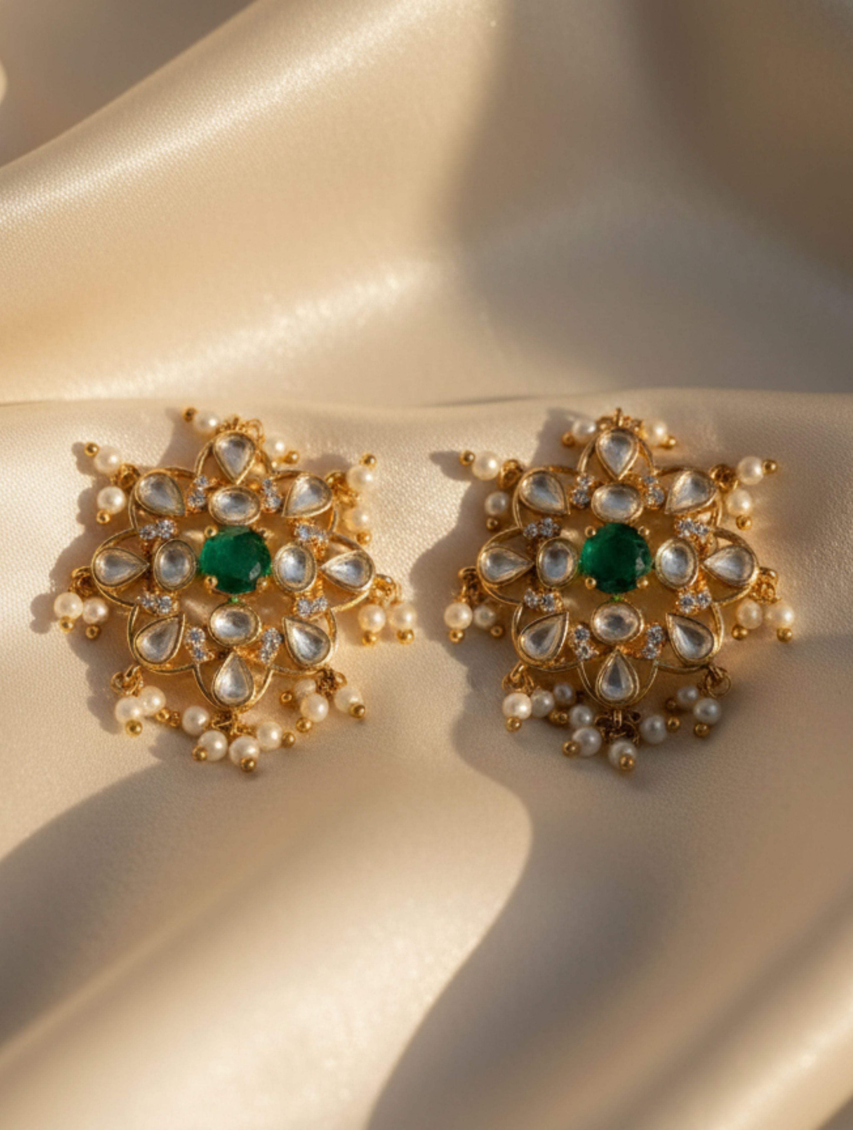 Silver Luxury Polki Moissanite Green Onyx Floral Studs