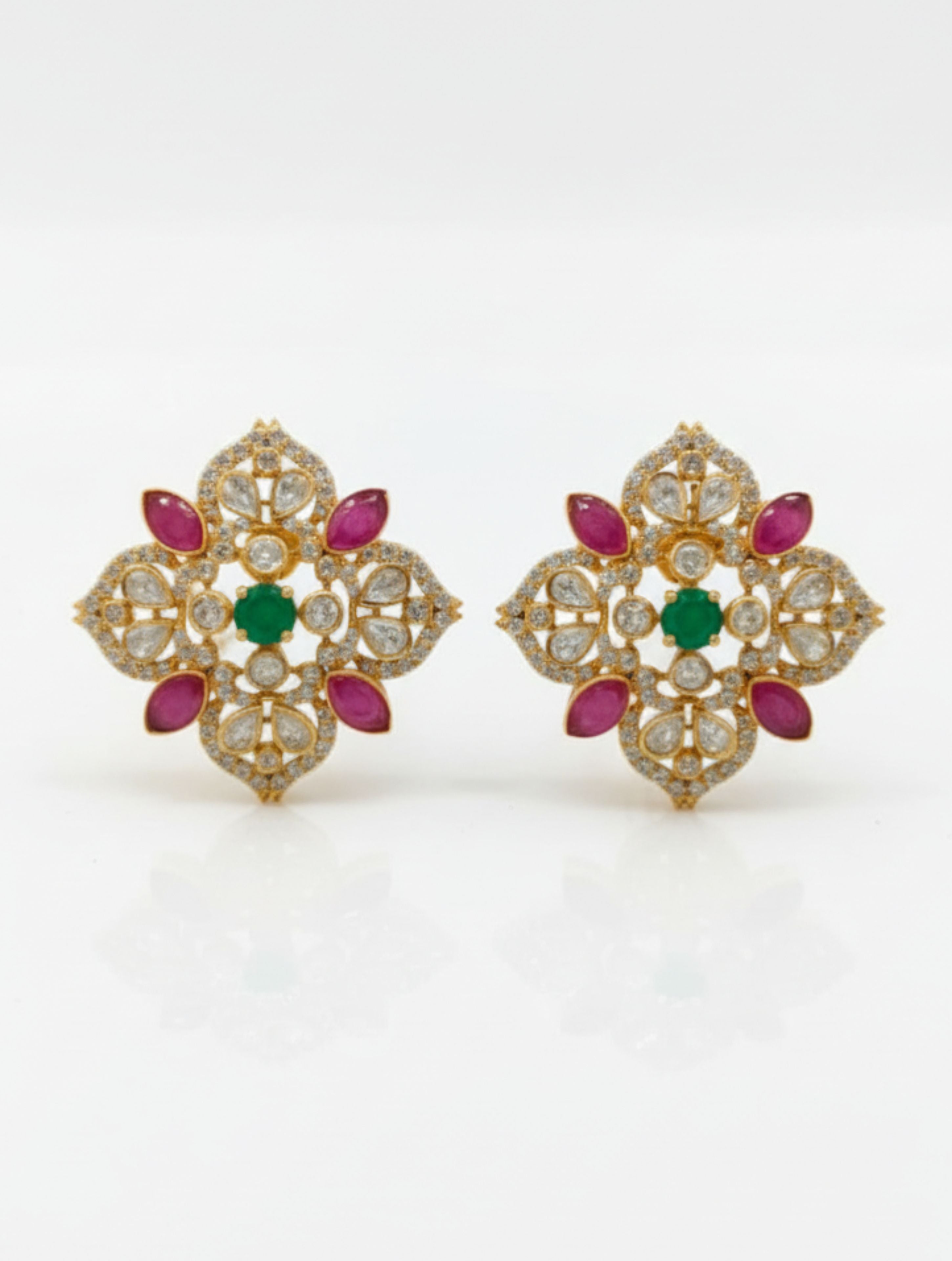 Gold-Plated 925 Silver Stud Earrings with Central Green Onyx, Moissanite, and Polki