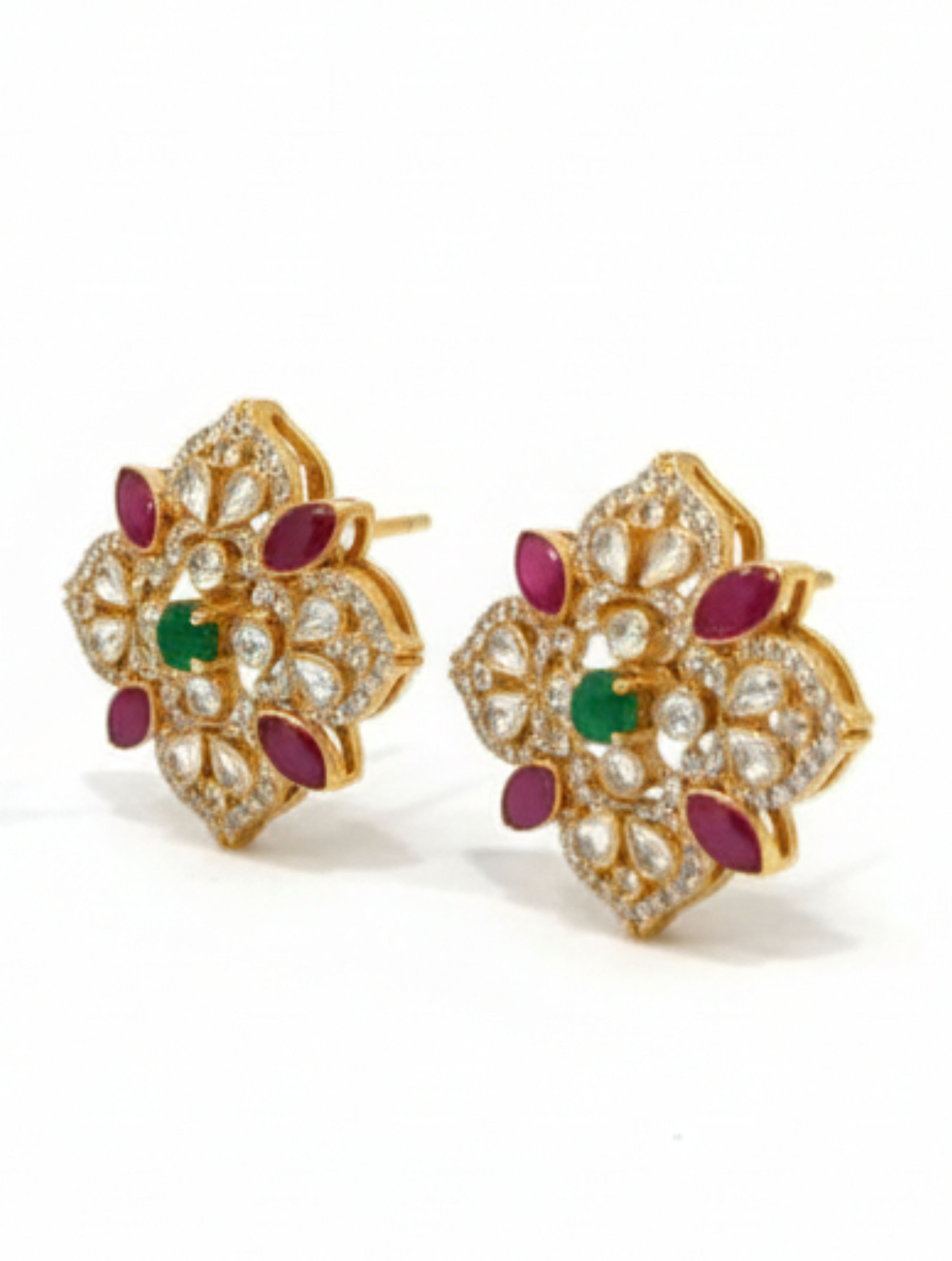 Gold-Plated 925 Silver Stud Earrings with Central Green Onyx, Moissanite, and Polki