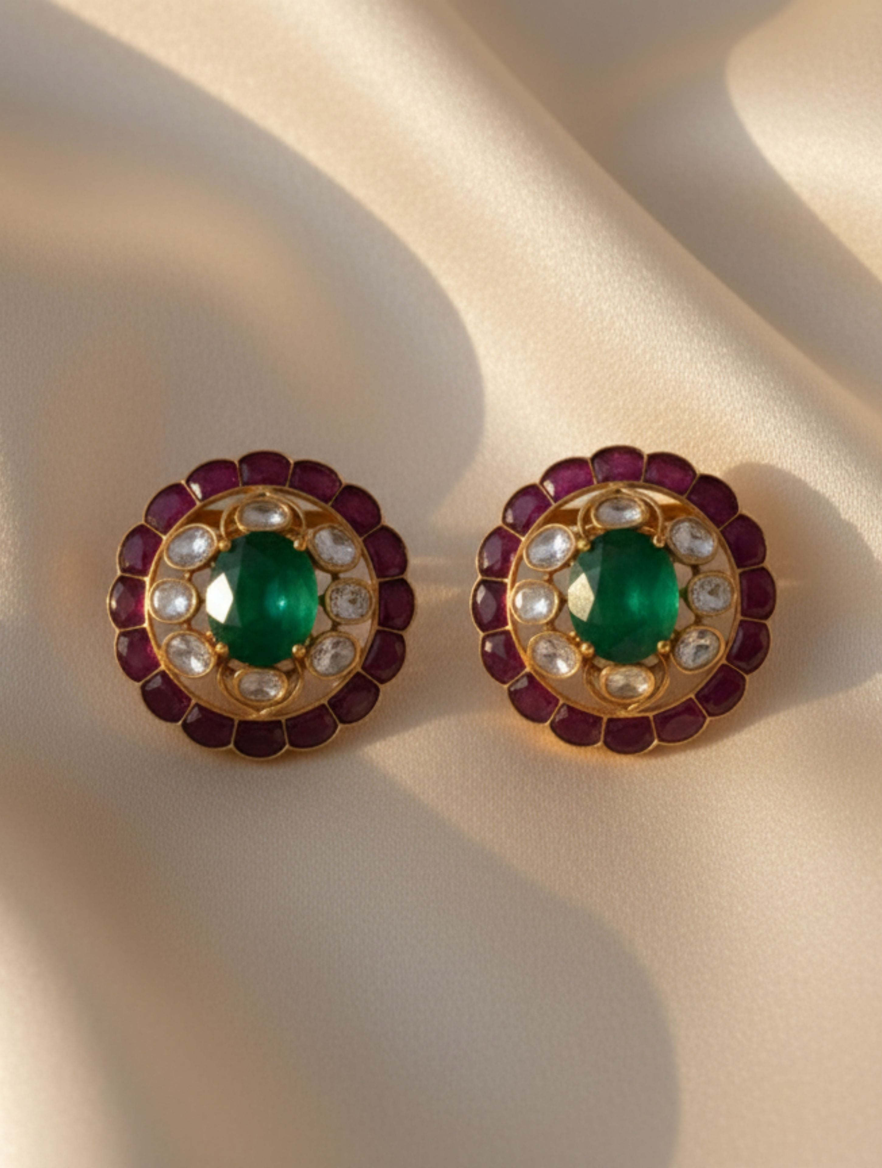 925 Silver Green Jade Polki Stud Earrings.